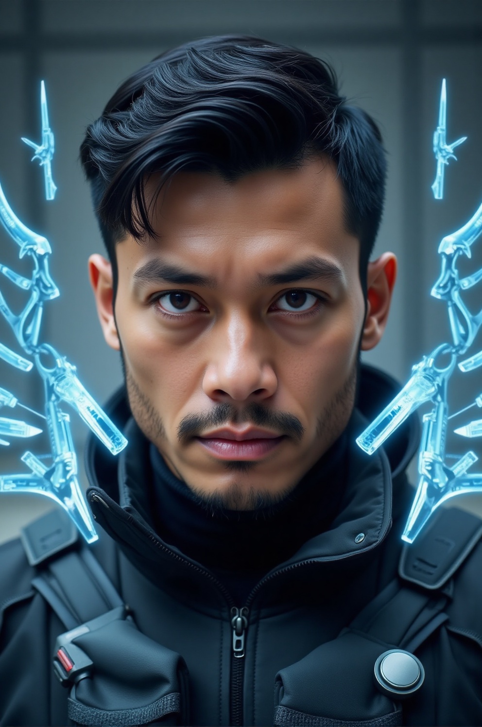 A close-up portrait photograph of a man with dark brown skin . He has short black hair styled neatly,  with a slight wave...