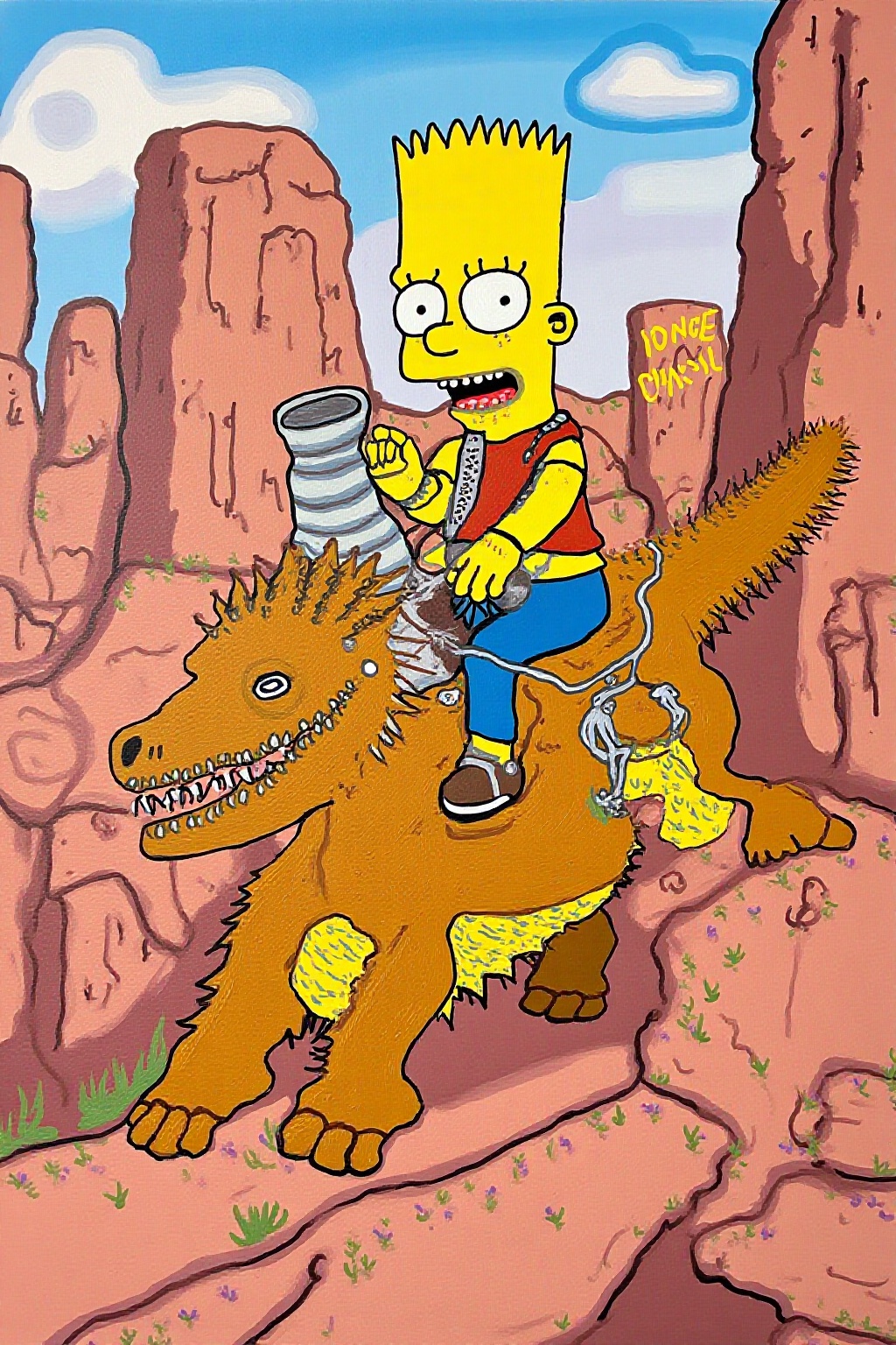 naive painting ar of A Bart Simpson riding a dinosaur,  in futuristic outfit,  cyberpunk world on Tensor.Art