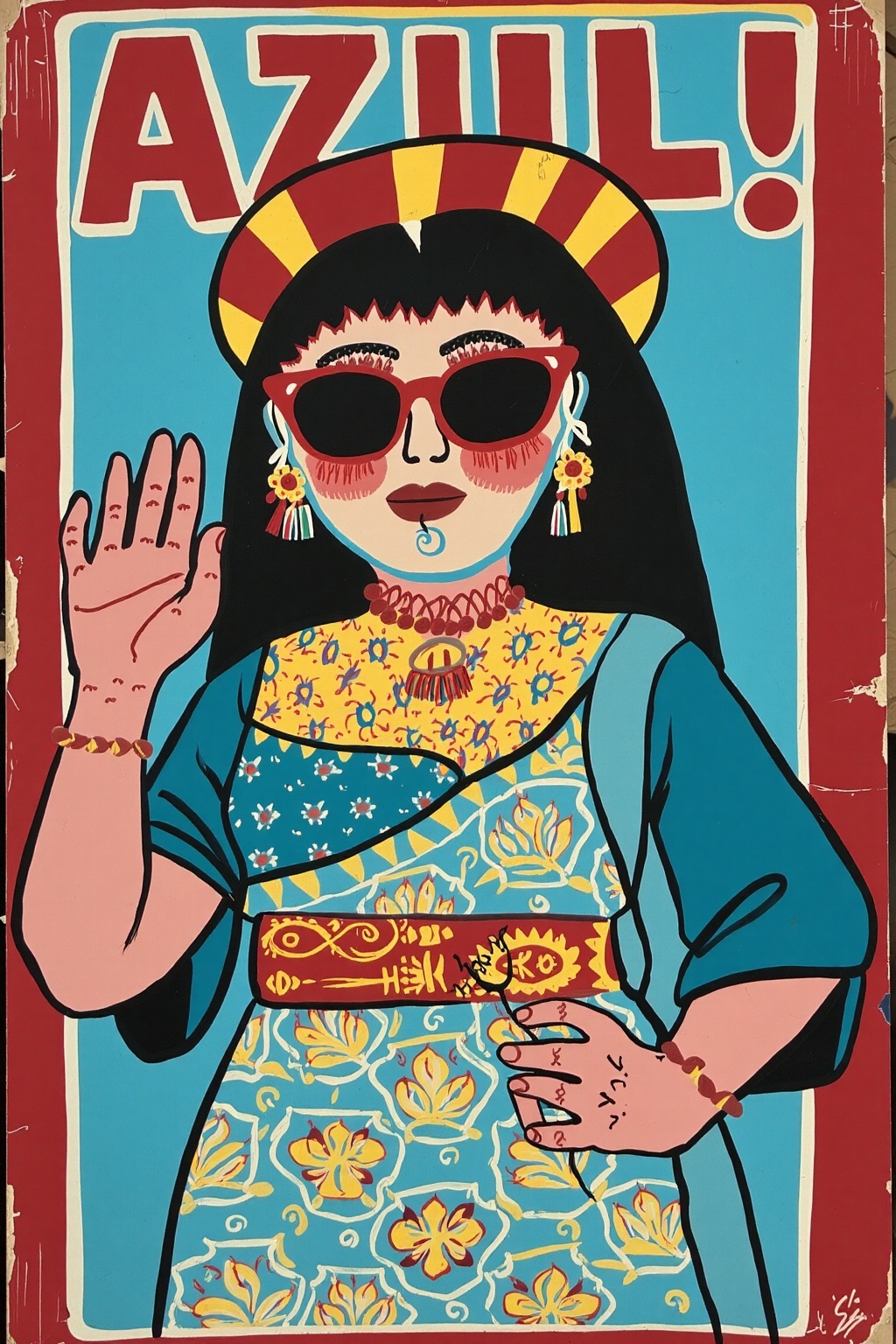 Vintage posters,  "AZUL!" shines boldly in colors evoke nostalgia. A confident woman with dark,  shoulder-length hair and...