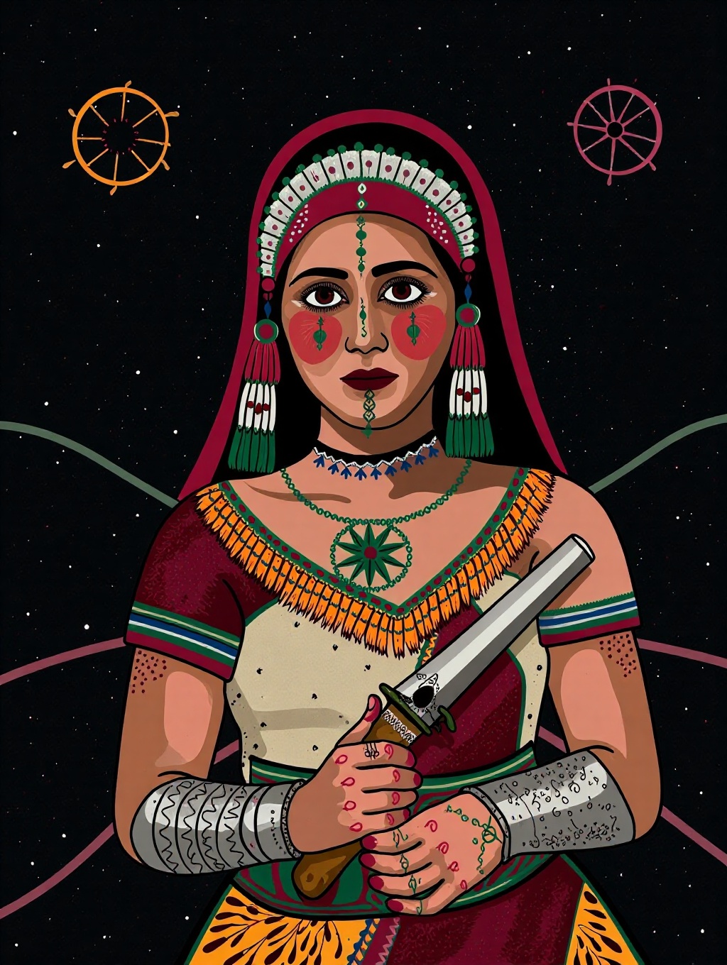 "Warrior of Two Worlds" Against the void of absolute darkness,  she emerges like a constellation of contradictions. Ancien...