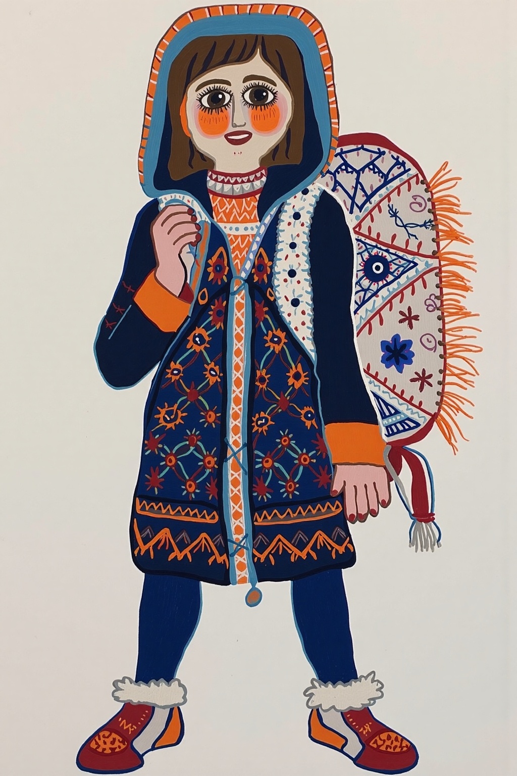 drawing of a young woman standing against a plain white background. The drawing has a vibrant and detailed style,  charact...