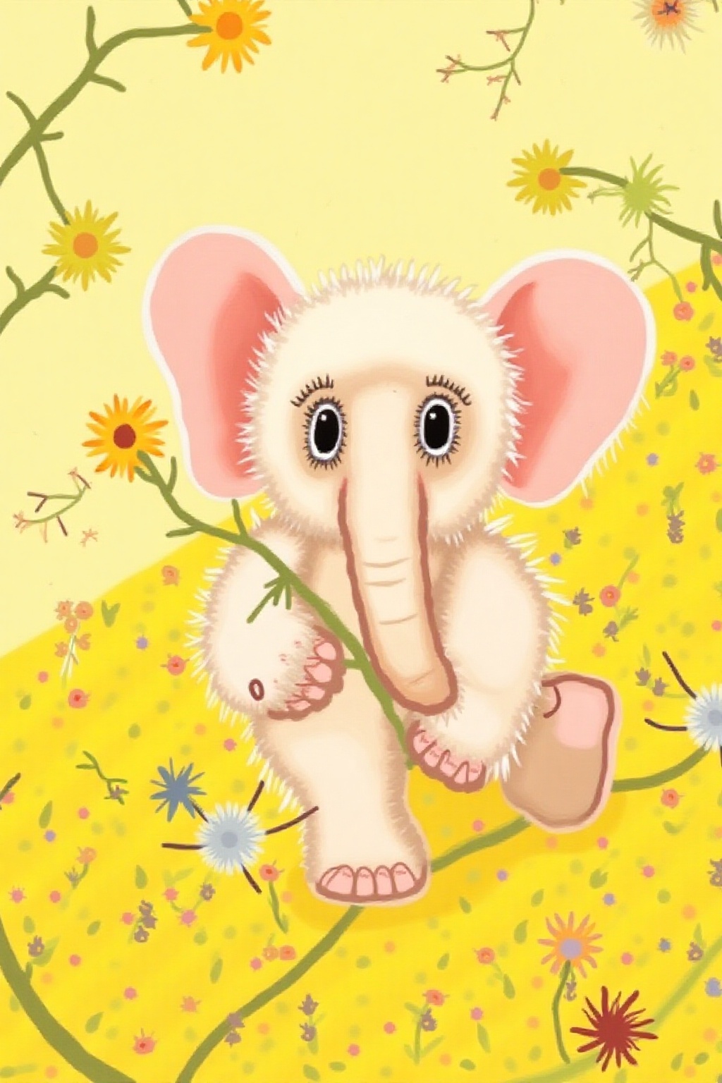 naive painting ar of A fluffy,  cute tiny elephant cub waddles playfully through a sunlit meadow dotted with vibrant dande...