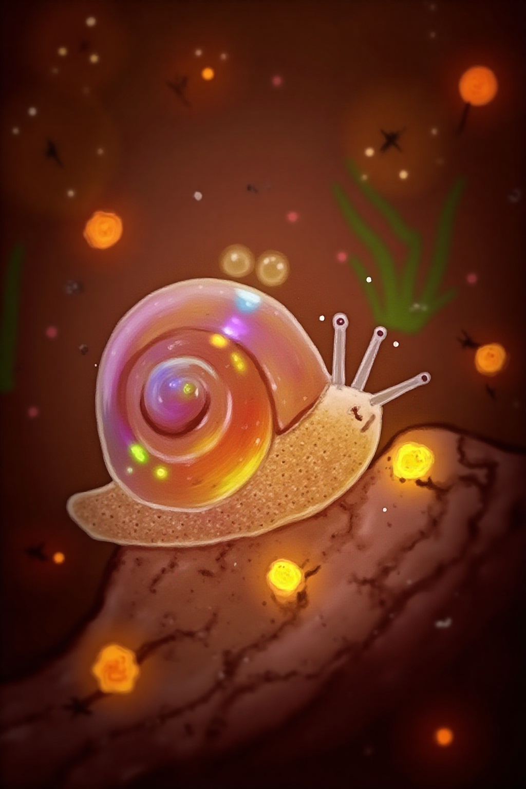 Warm-toned lighting bathes the tiny alien snail as it tilts its head in curious examination. The prismatic crystal shell g...