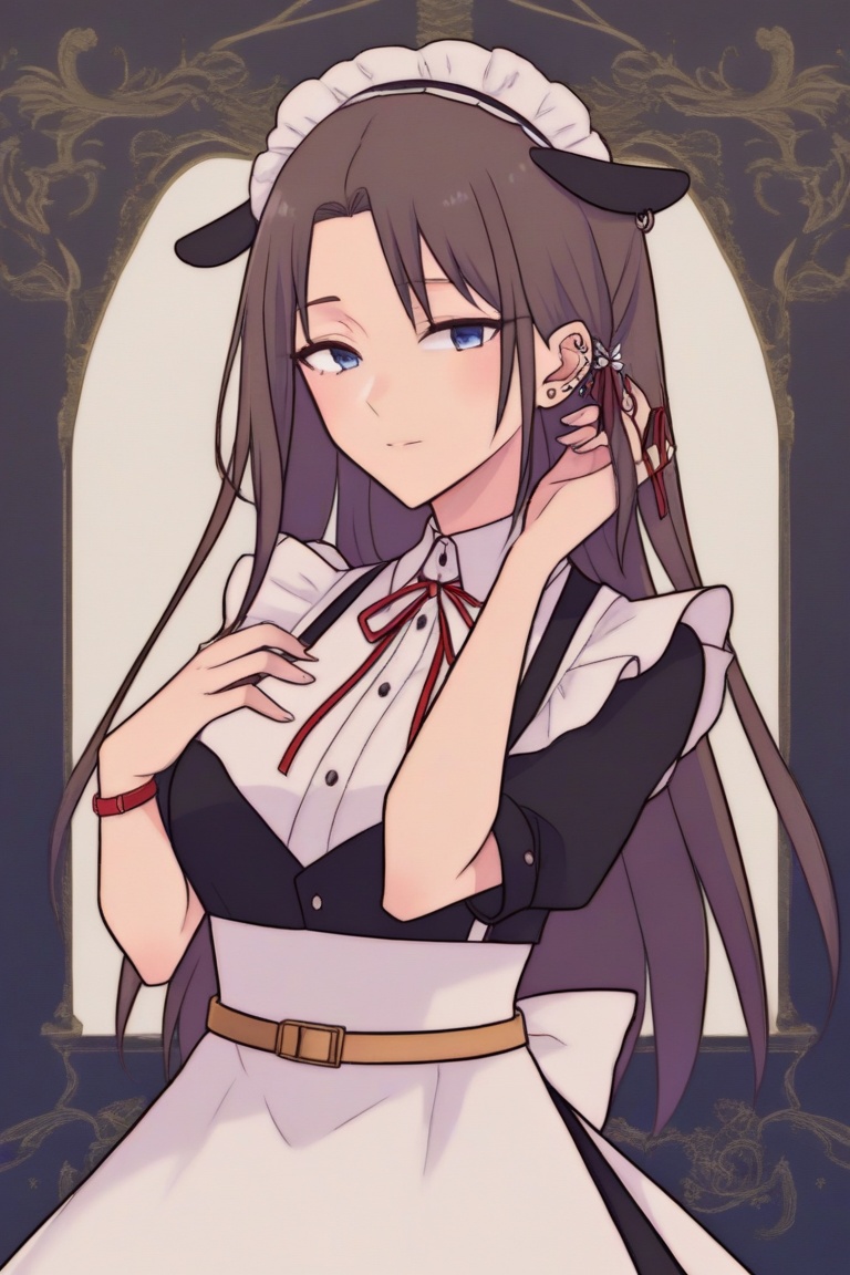a woman dressed in a black and white maid outfit,  adorned with a red ribbon and a gold belt. The woman's head is adorned...