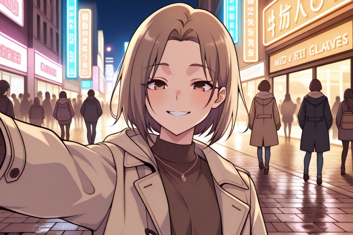 A young Hanaaoki girl walks confidently down a bustling city street,  her bright smile and gleaming eyes captivating the a...