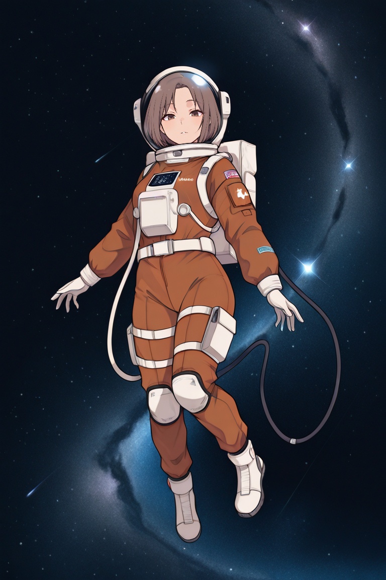 Astronaut Hana floats in zero gravity. Her white spacesuit glows against the deep blue-blackness of space,  stars twinklin...