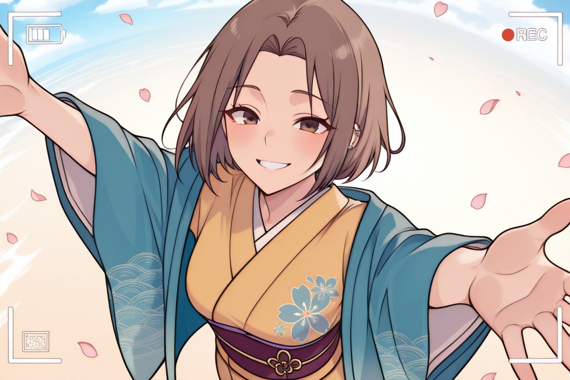 Hanaaoki poses confidently on a cloudy sky,  her bright smile and piercing gaze capturing the camera's attention. From a d...