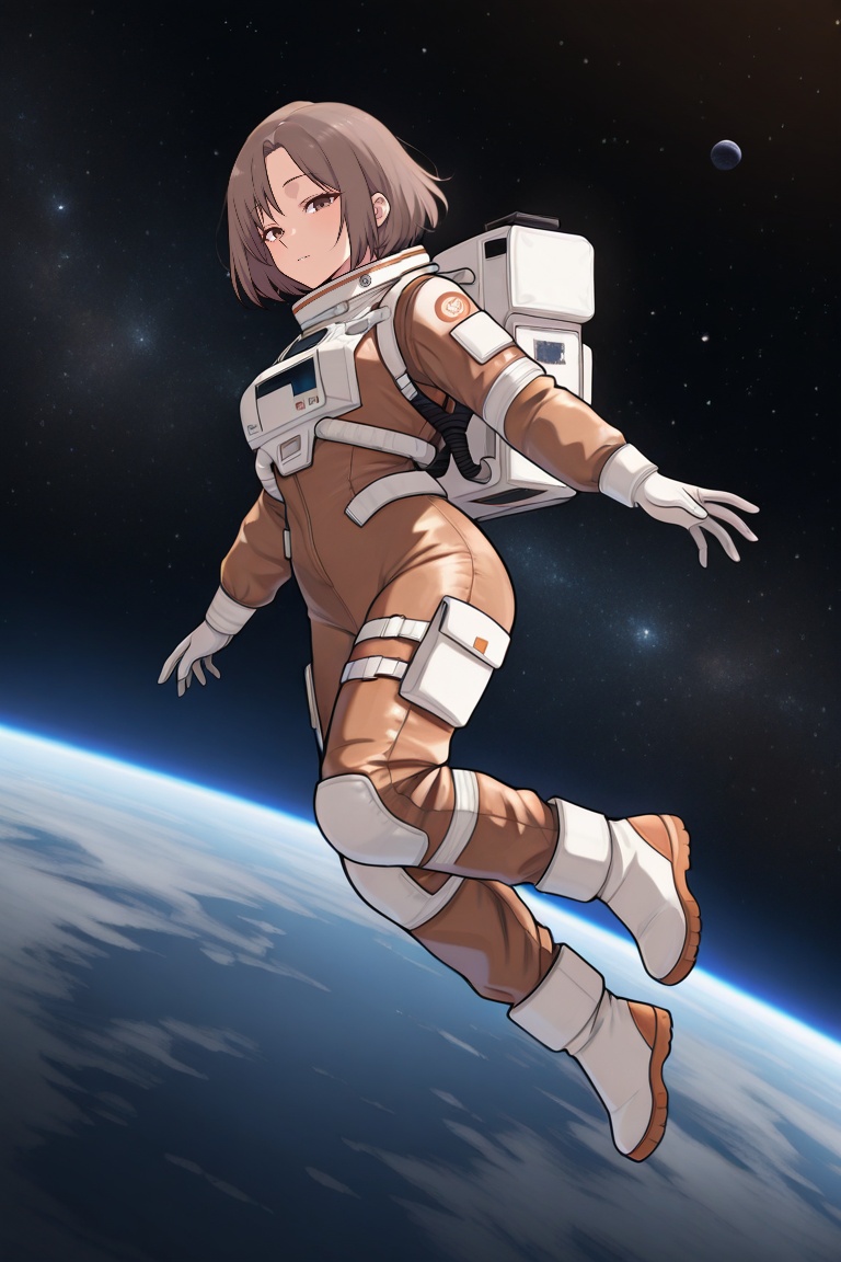 Astronaut Hana floats in zero gravity. Her white spacesuit glows against the deep blue-blackness of space,  stars twinklin...