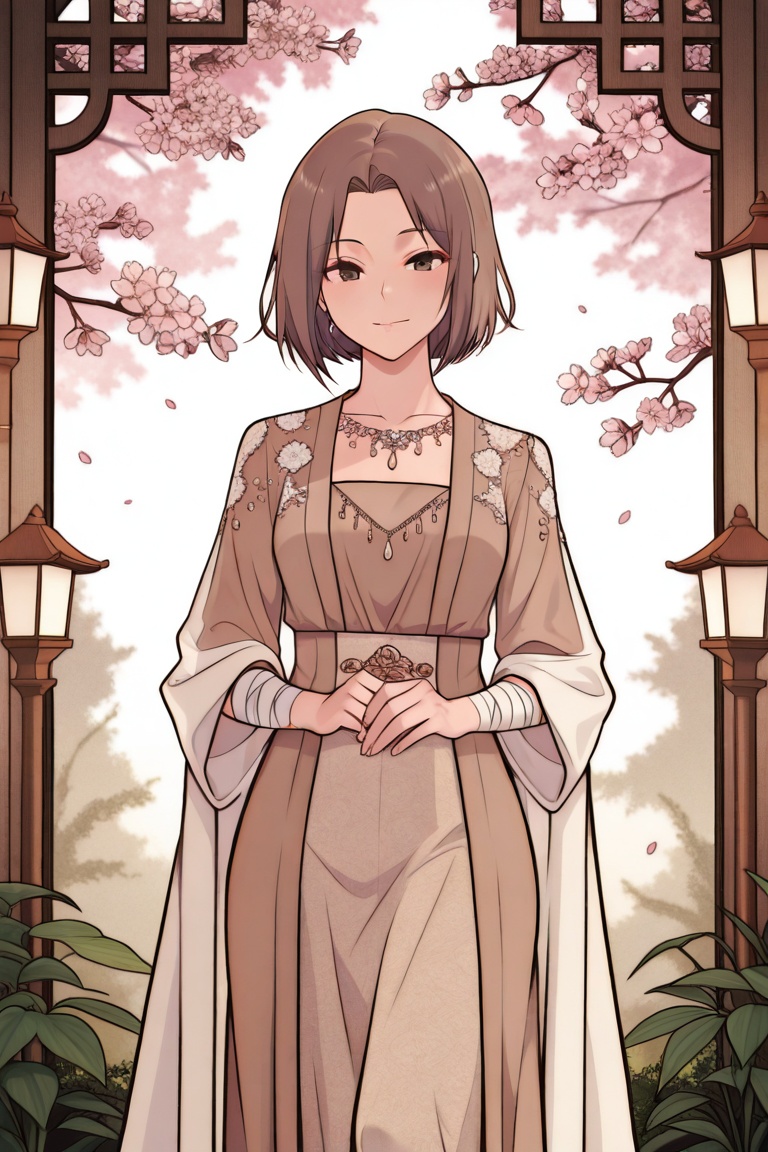A serene Japanese-inspired setting: a tranquil garden with blooming cherry blossoms and subtle lanterns. Hanaaoki,  a beau...