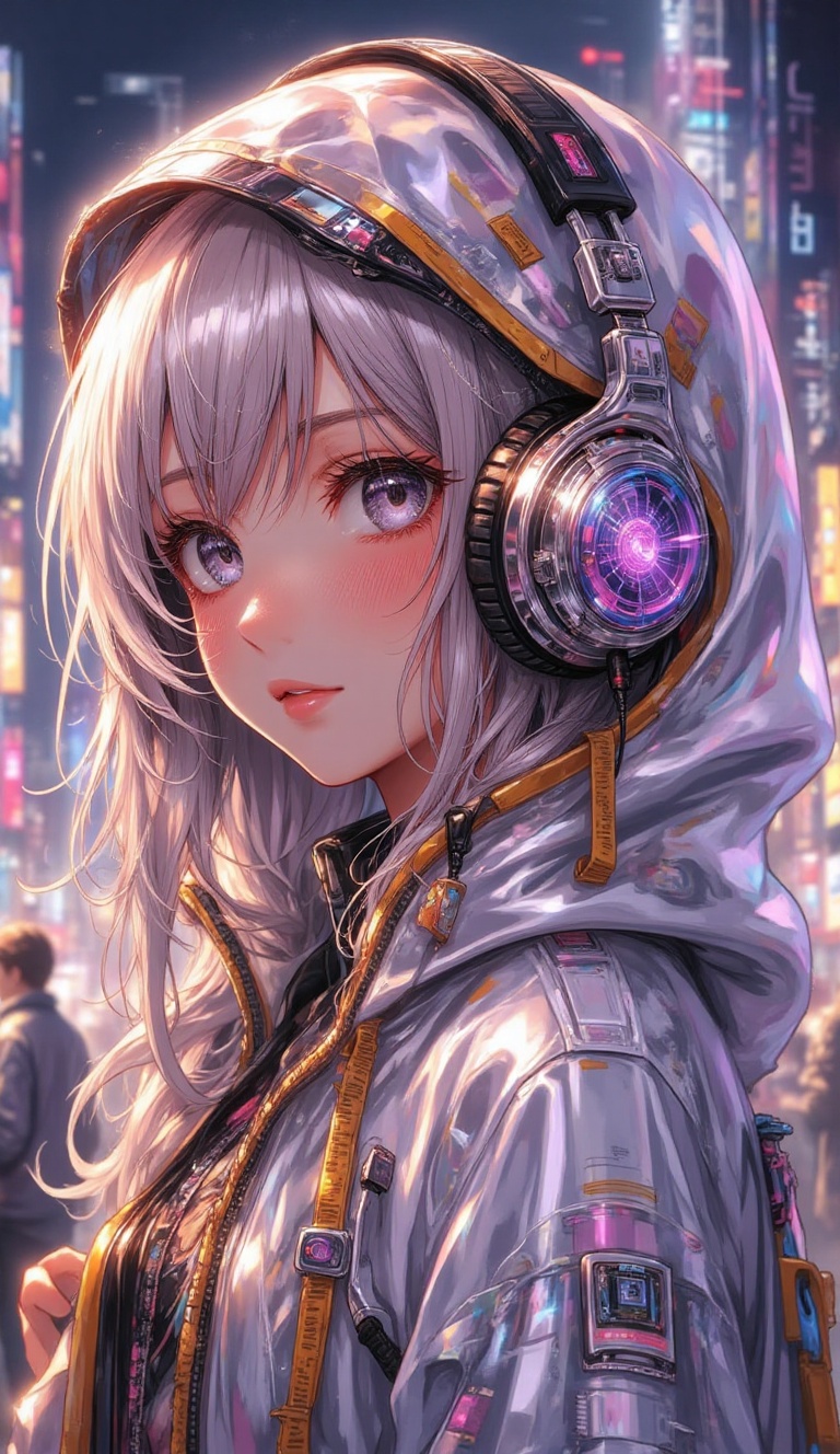 In a vibrant urban nightscape adorned with blurred,  multicolored lights,  a striking young woman stands as the focal poin...