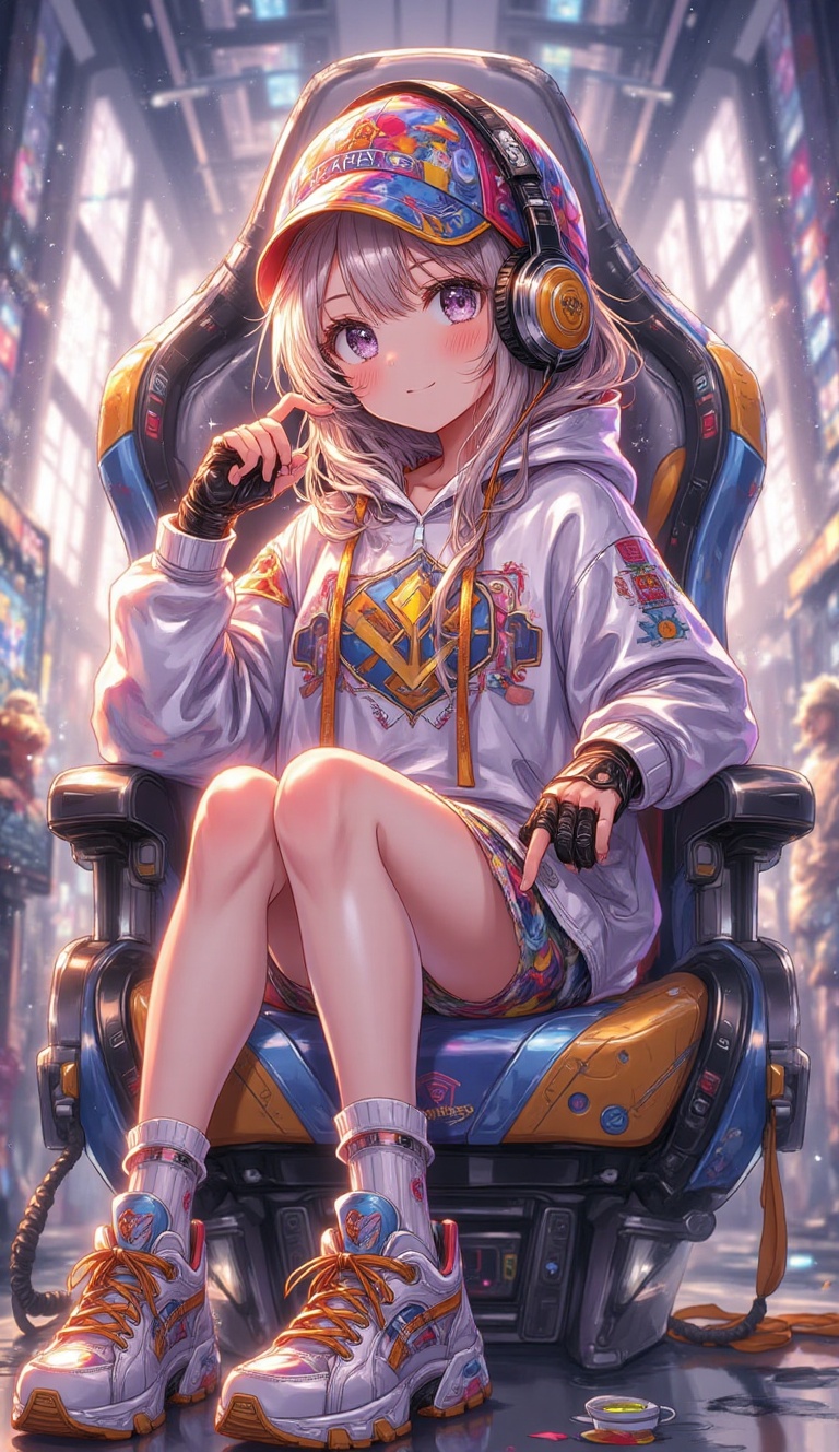 A vibrant illustration of a cheerful,  anime-inspired girl seated confidently in a high-tech cockpit or gaming chair. Her...