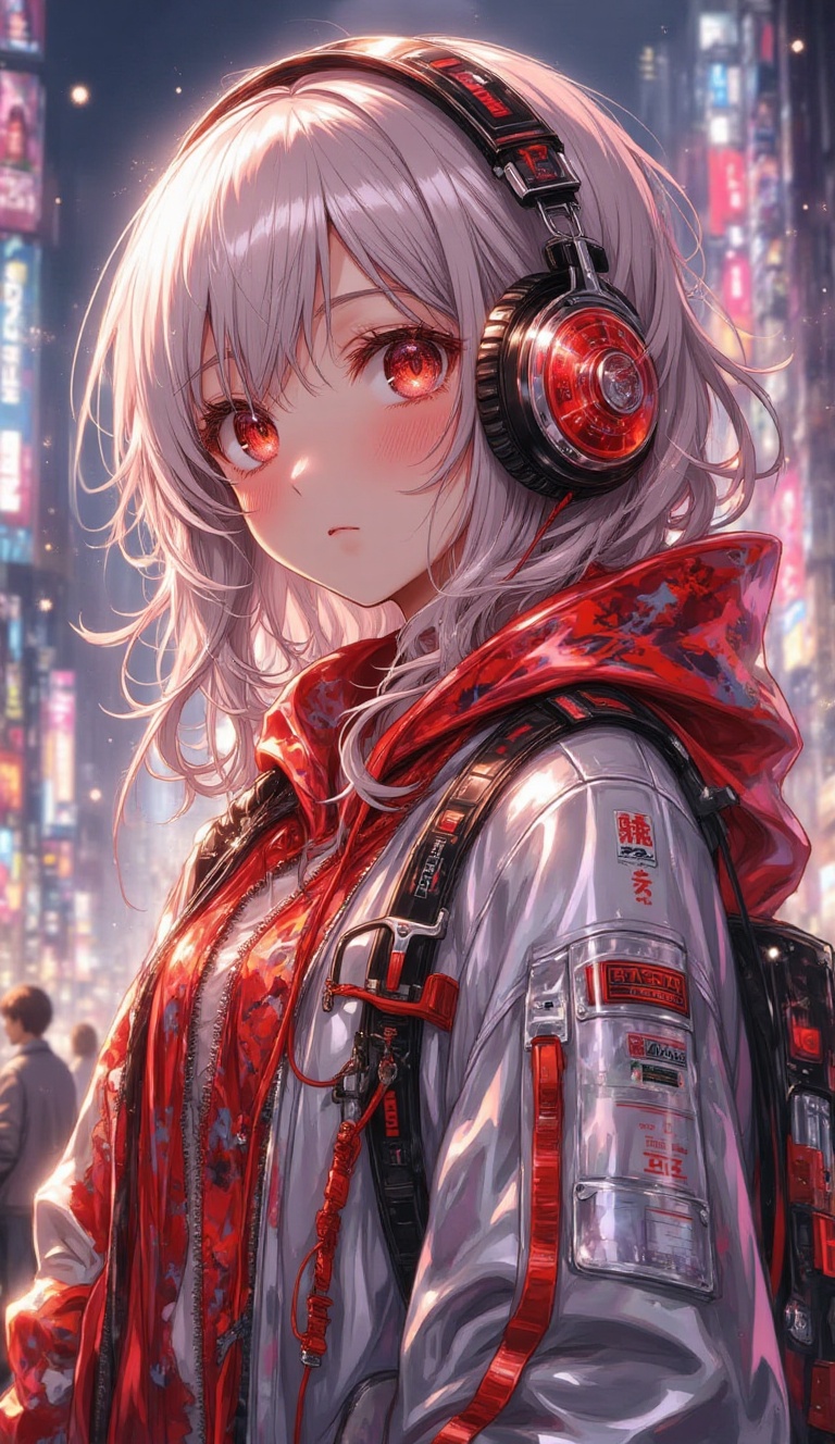 A striking depiction of a young woman in a bustling urban nightlife scene. She has silver,  wavy hair cascading from benea...