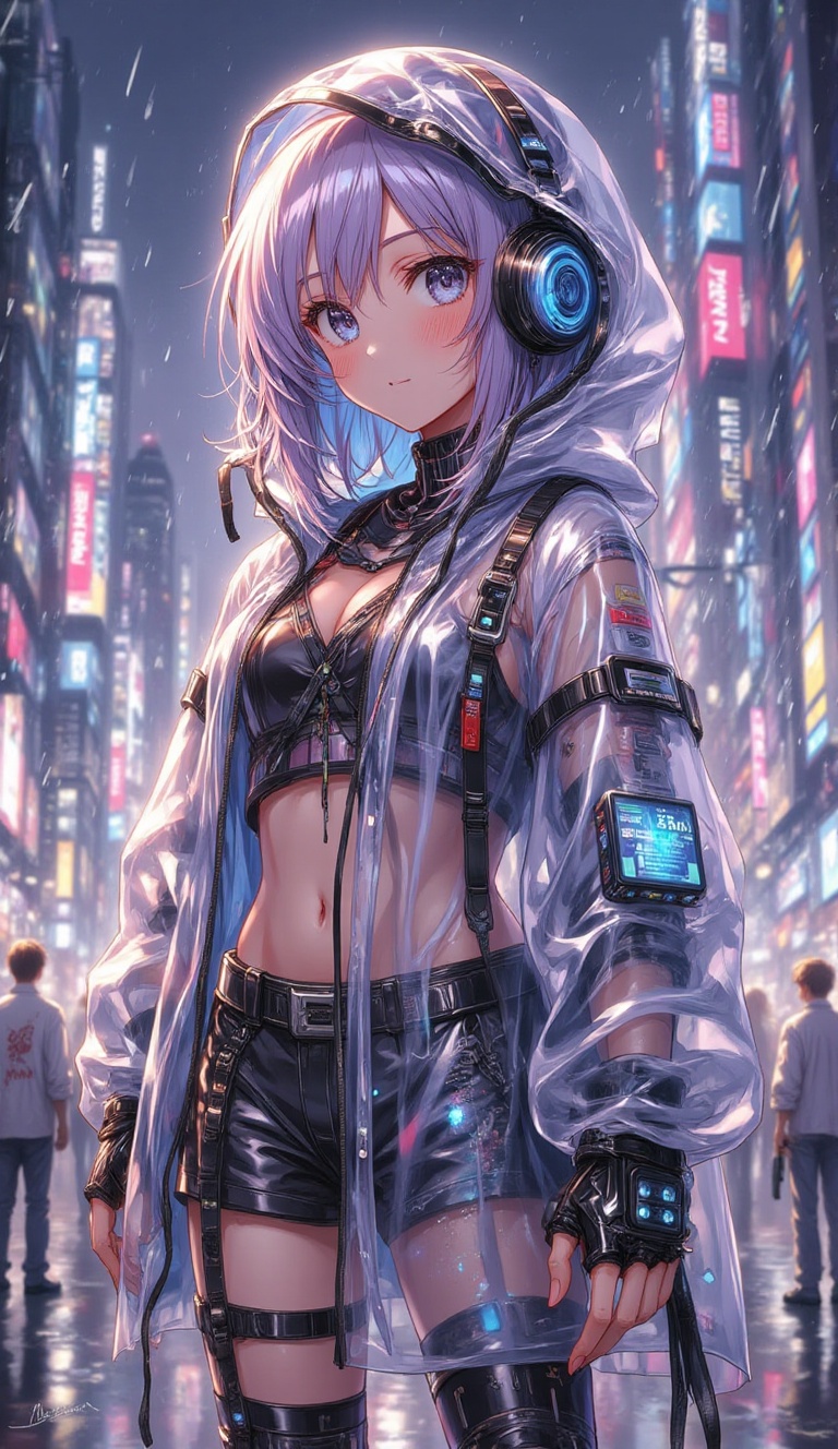 A futuristic cyberpunk girl standing confidently in a neon-lit cityscape at night. She is wearing a high-tech transparent...