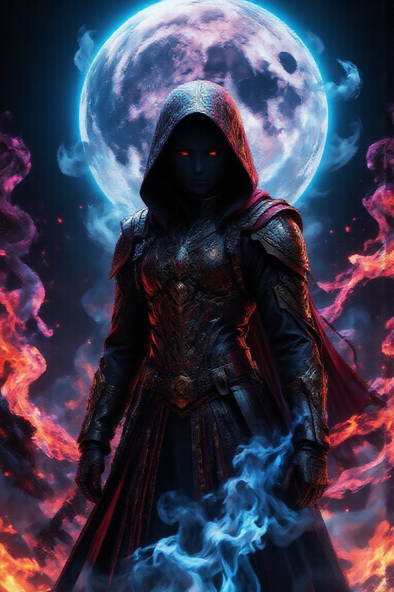 A woman wearing hooded figure in red and gold tactical gear,  there's face obscured by the shadow of the hood. The mysteri...