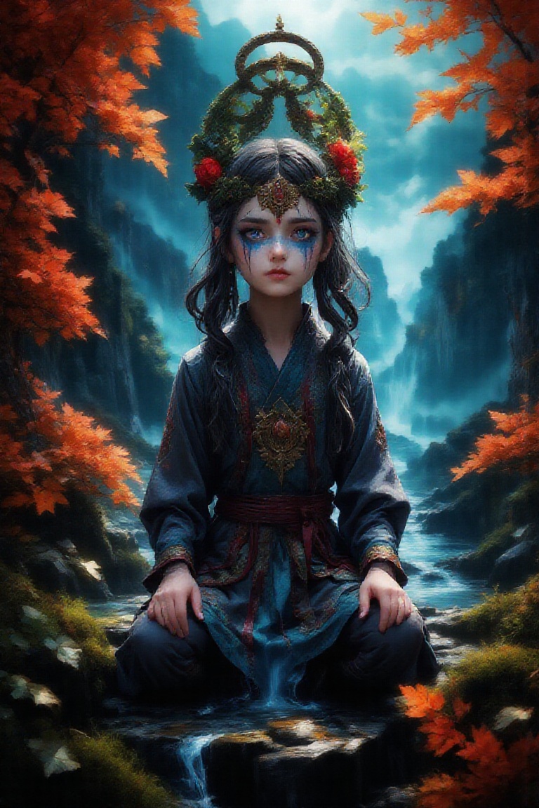 A highly realistic,  ultra-high-quality image in a dramatic fantasy world of a poor,  sorrowful young little Blind girl(ki...