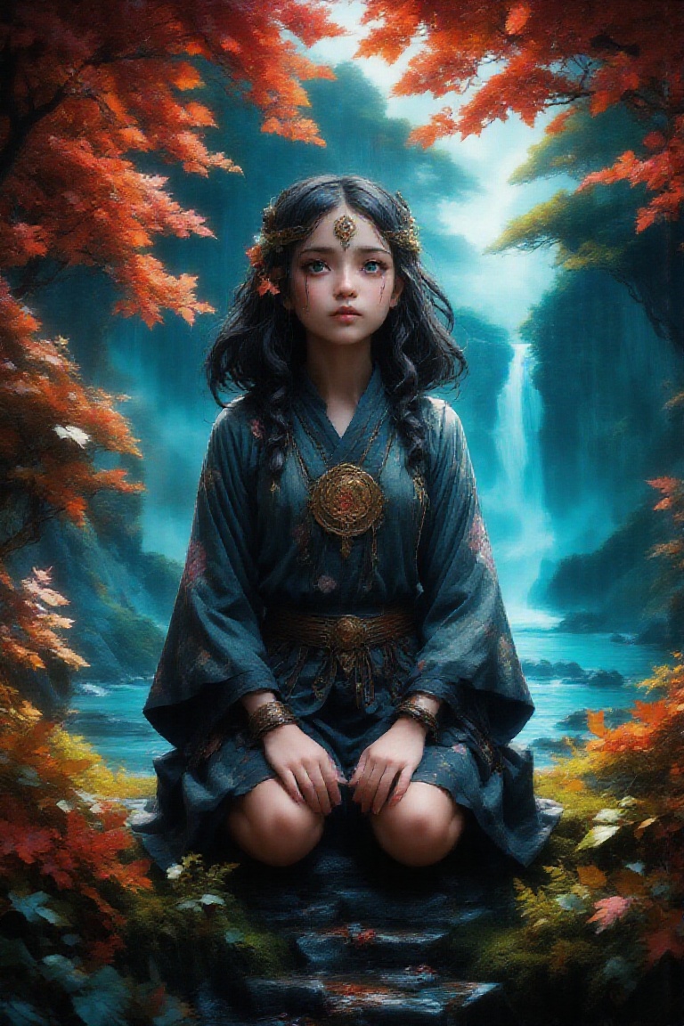 A highly realistic,  ultra-high-quality image in a dramatic fantasy world of a poor,  sorrowful young little Blind girl(ki...