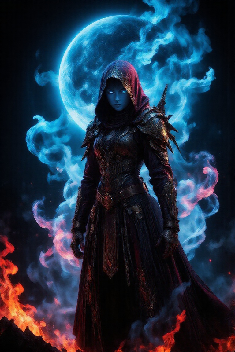 A woman wearing hooded figure in red and gold tactical gear,  there's face obscured by the shadow of the hood. The mysteri...