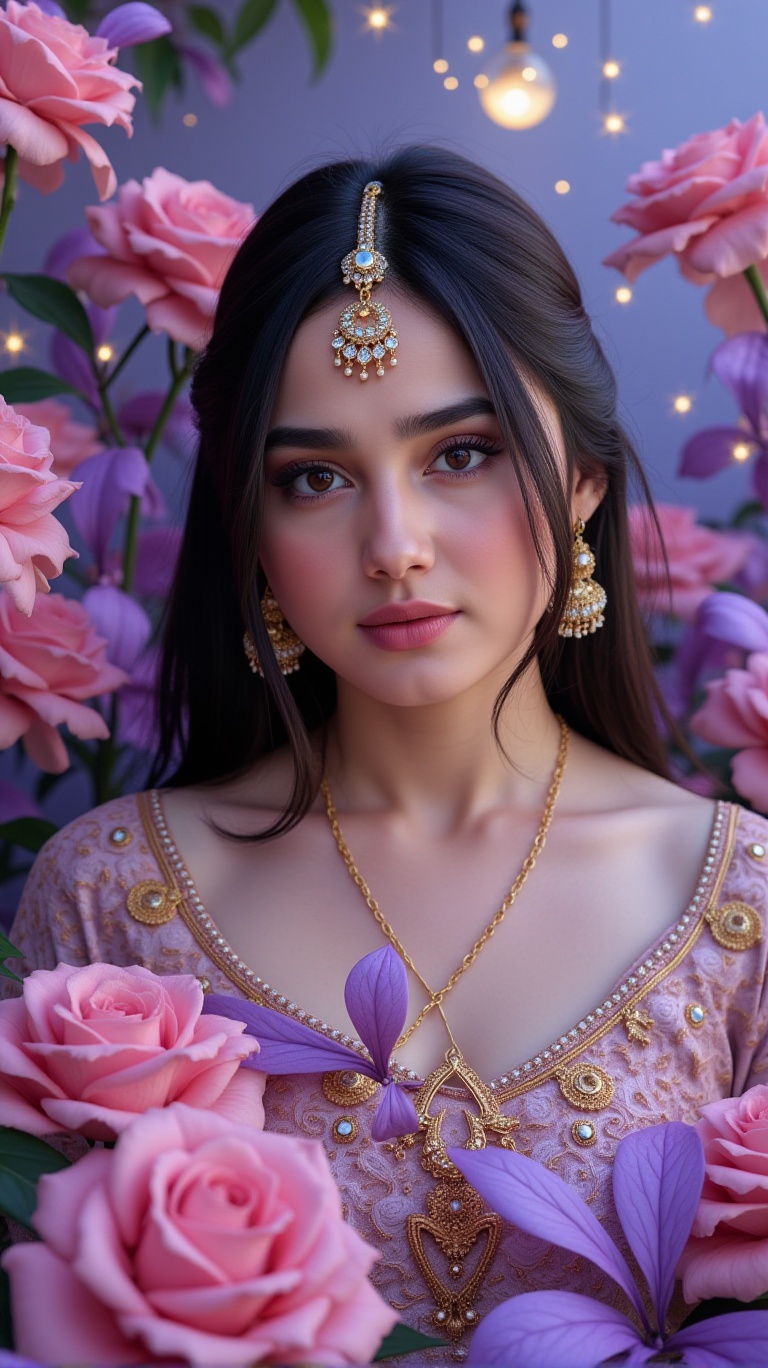 Create a dreamy,  hyper-realistic UHD 8k image of an Arabian woman with brunette Iraqi skin. She should be depicted in a s...