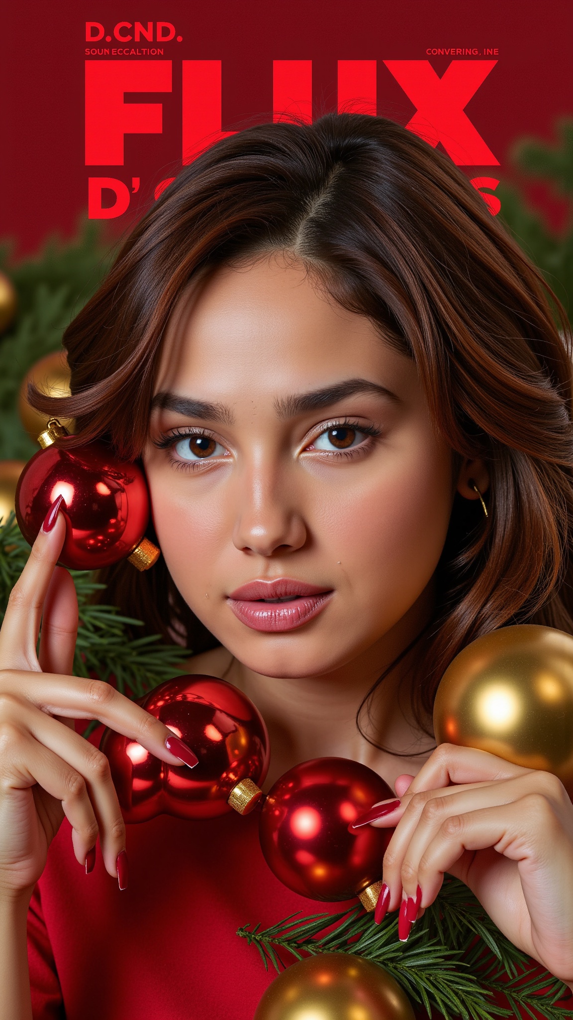 'FLUX1. D CND Models' In Red letters above a woman with christmas ornaments on Tensor.Art