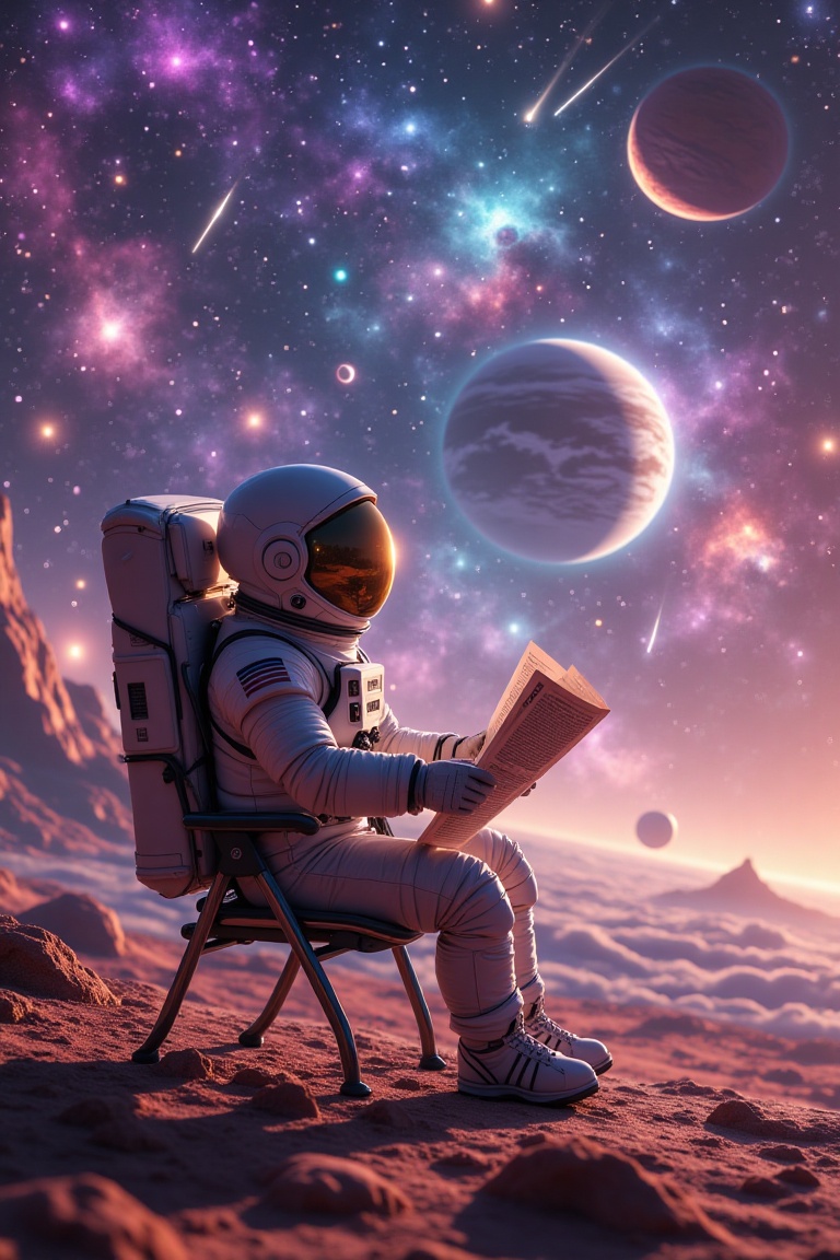 A serene cosmic scene featuring an astronaut sitting casually on a chair on Mars,  reading a newspaper. The background sho...