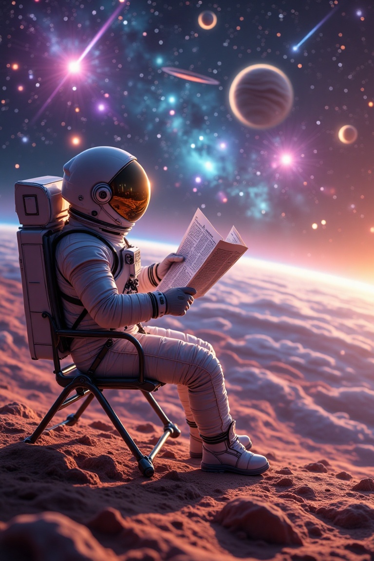 A serene cosmic scene featuring an astronaut sitting casually on a chair on Mars,  reading a newspaper. The background sho...