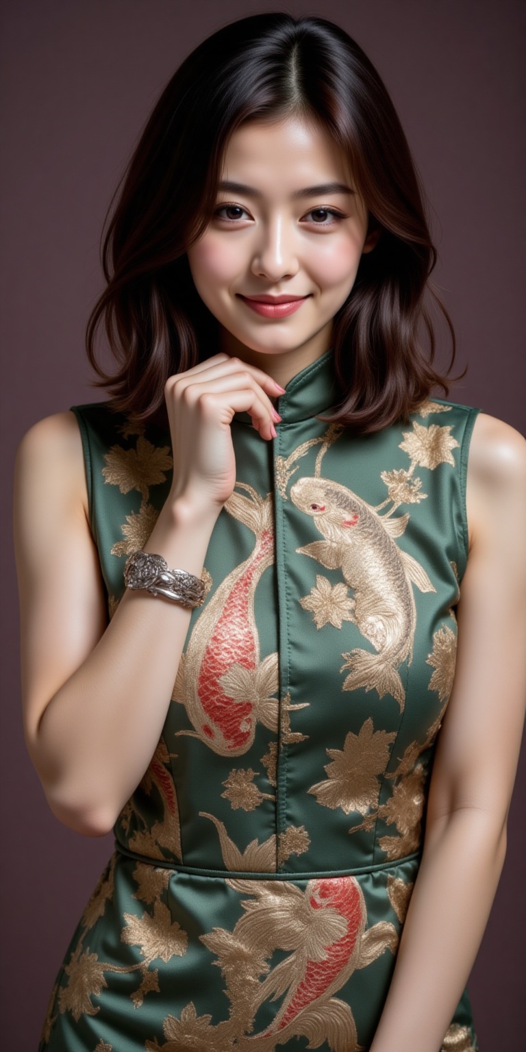 A stunning Chinese fashion icon poses confidently in front of a bold lavender-grey backdrop. Her striking features are fra...