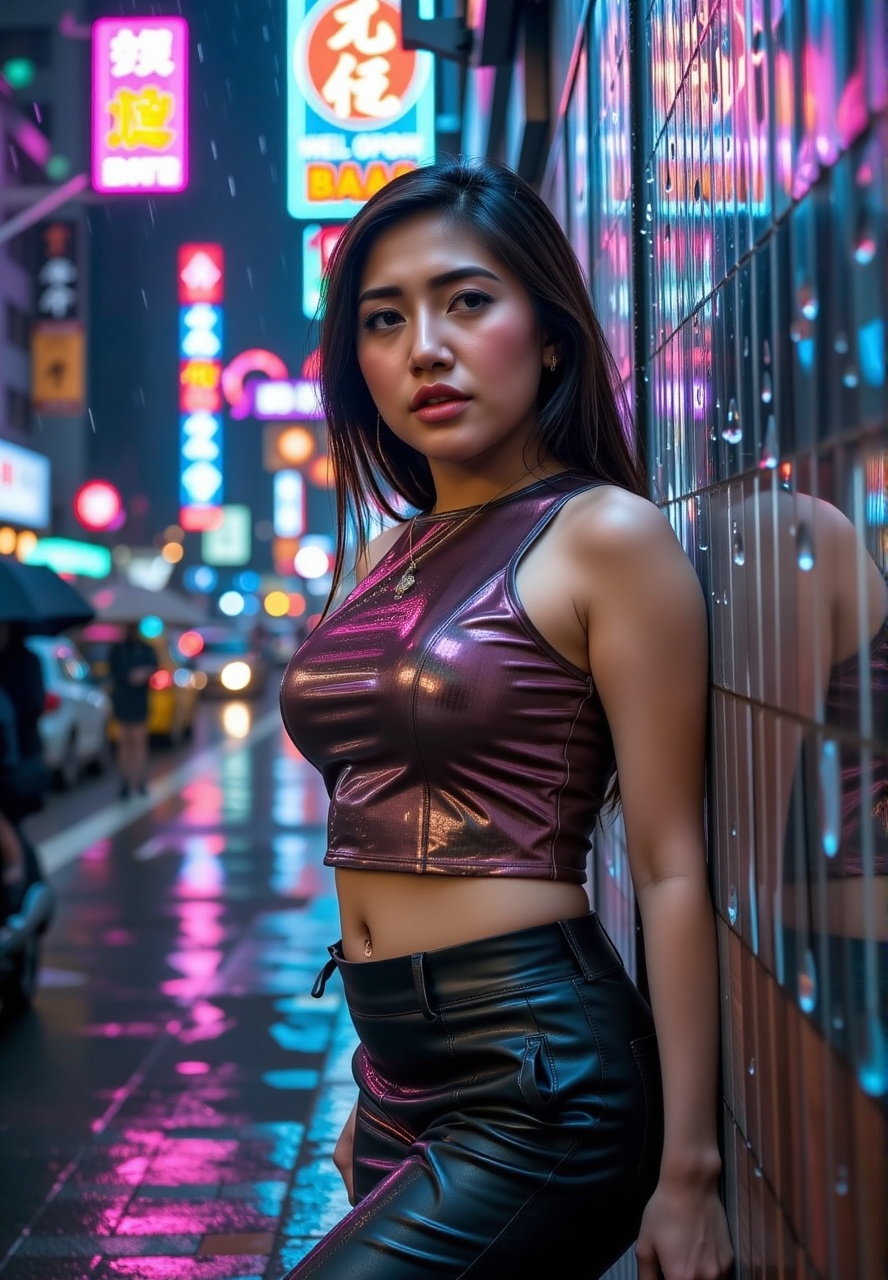A dramatic close-up shot of Hest1,  a beautiful Asian woman leaning against the wet,  glistening wall of a building in the...
