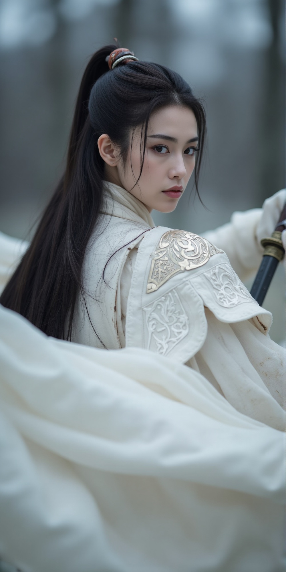 In a razor-sharp close-up,  the warrior's unyielding gaze pierces through the frame,  eyes blazing with an intensity that...