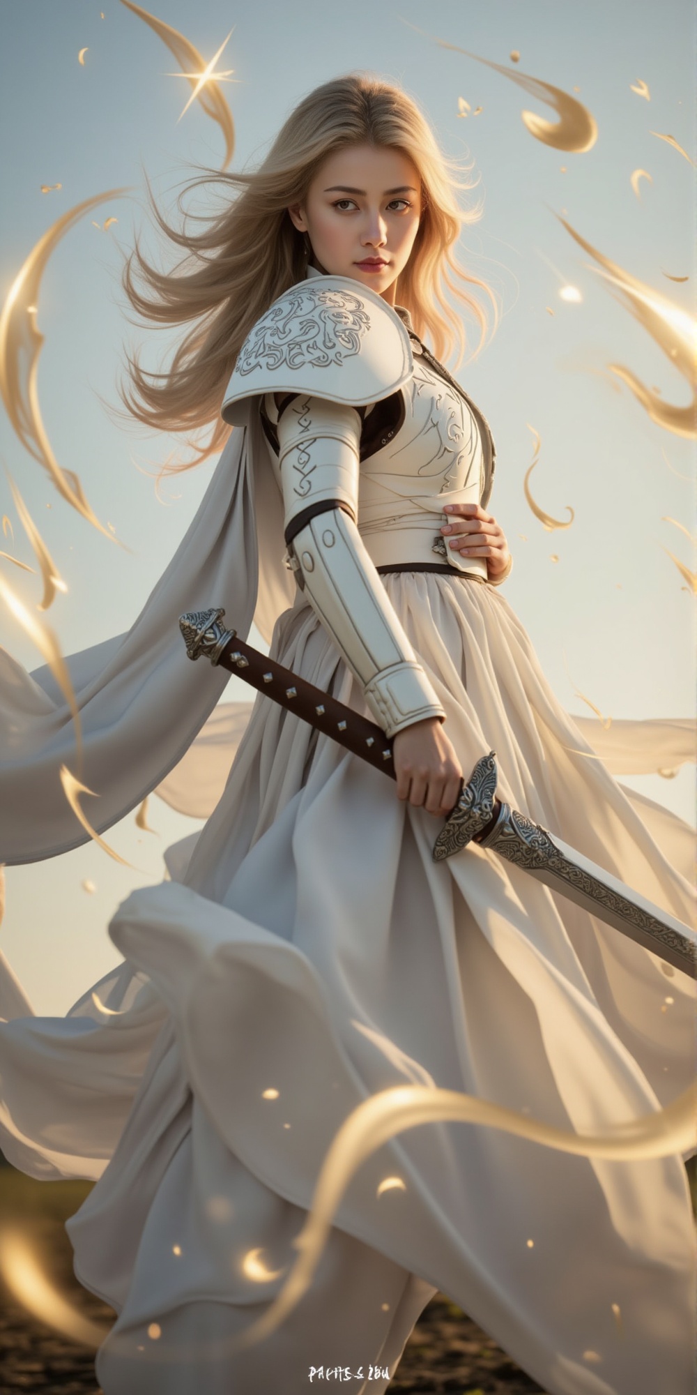 A female warrior stands boldly,  her piercing gaze fixed on a distant horizon. Her eyes,  like two shining stars on Tensor...