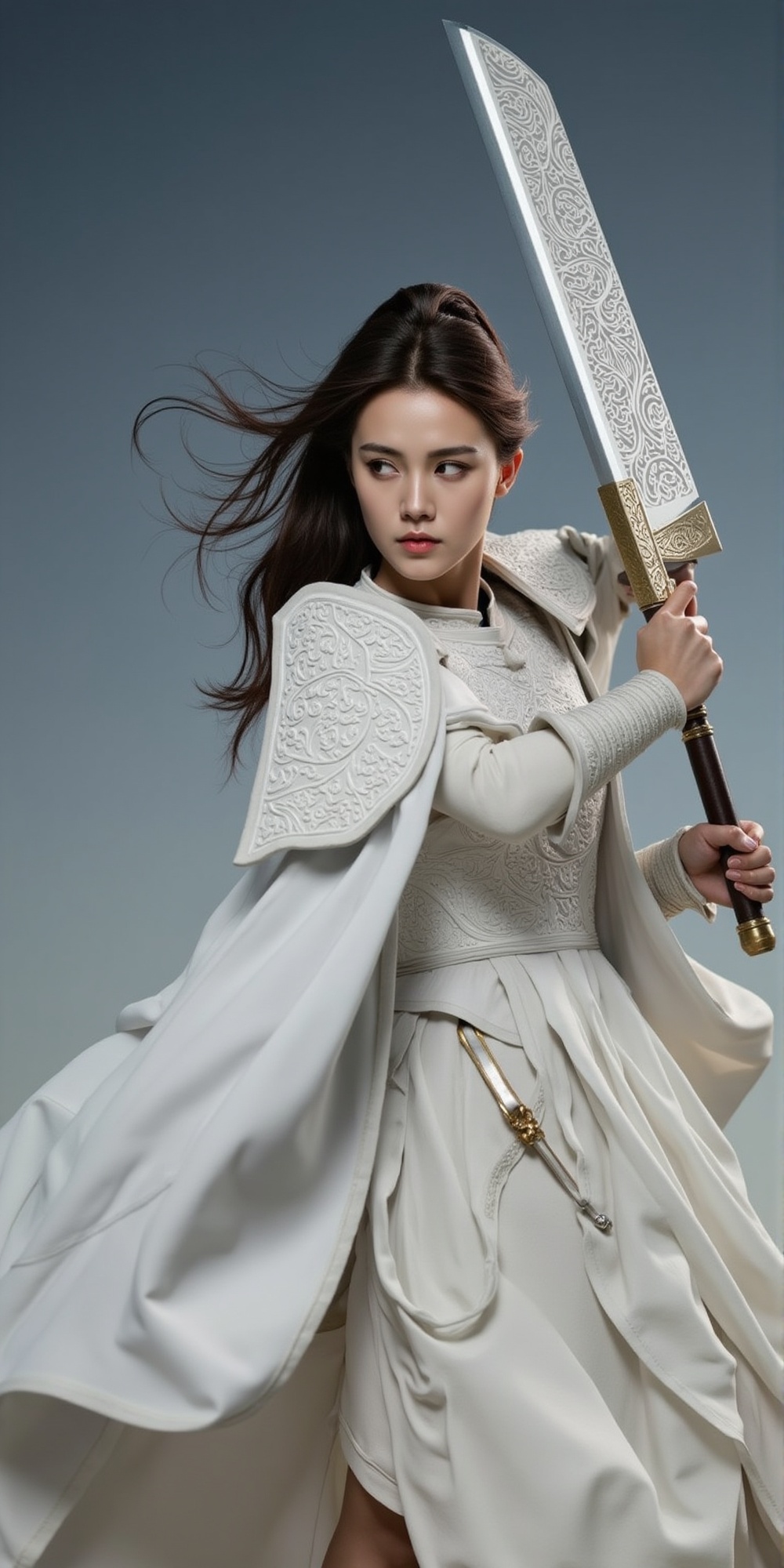 female warrior with fighting pose wielding a giant sword carved with ancient pattern,  she is wearing large white shoulder...
