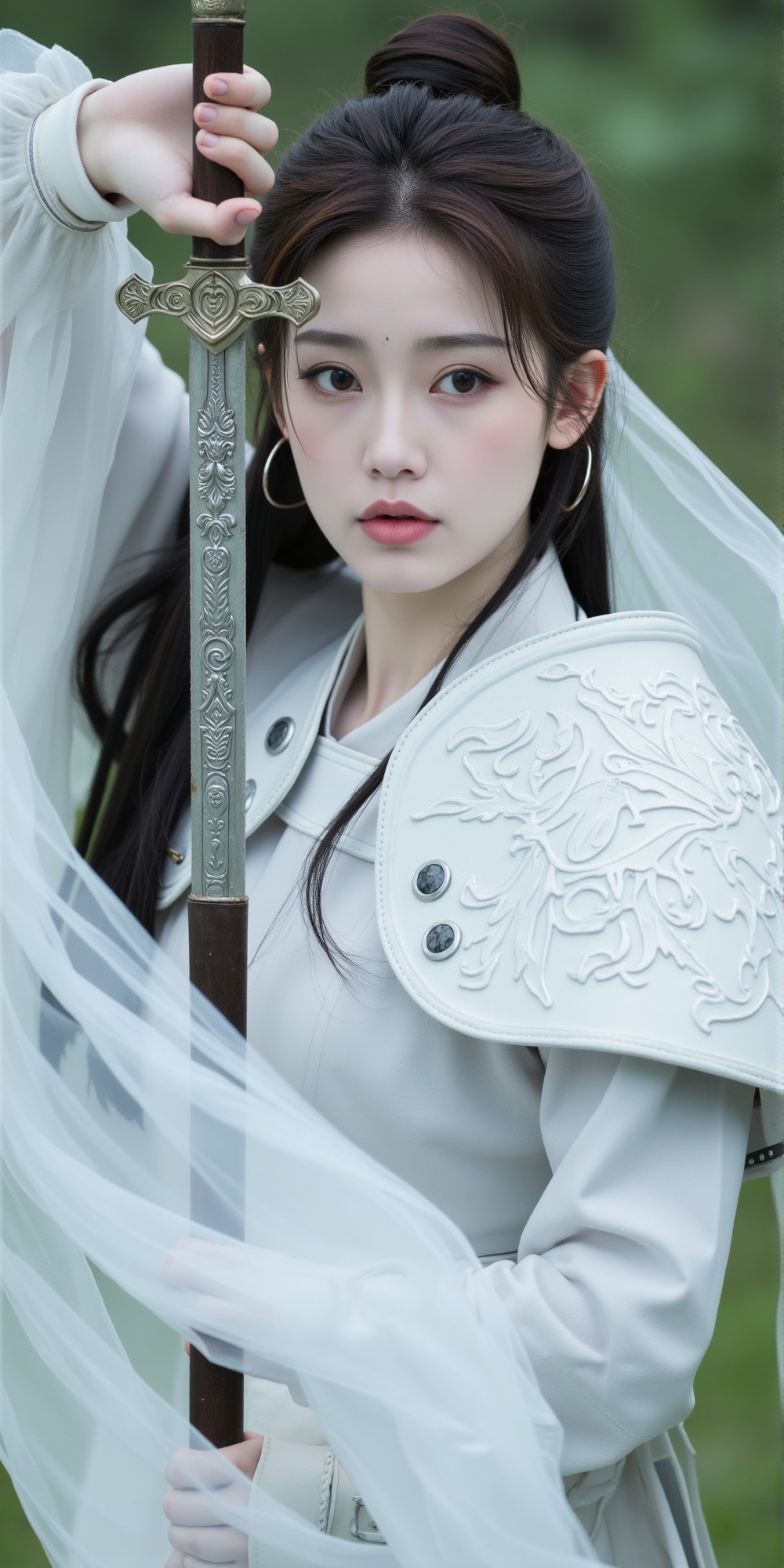 A cinematic close-up captures the fierce warrior's face,  her piercing gaze intensified by stunning eyes that seem to bore...