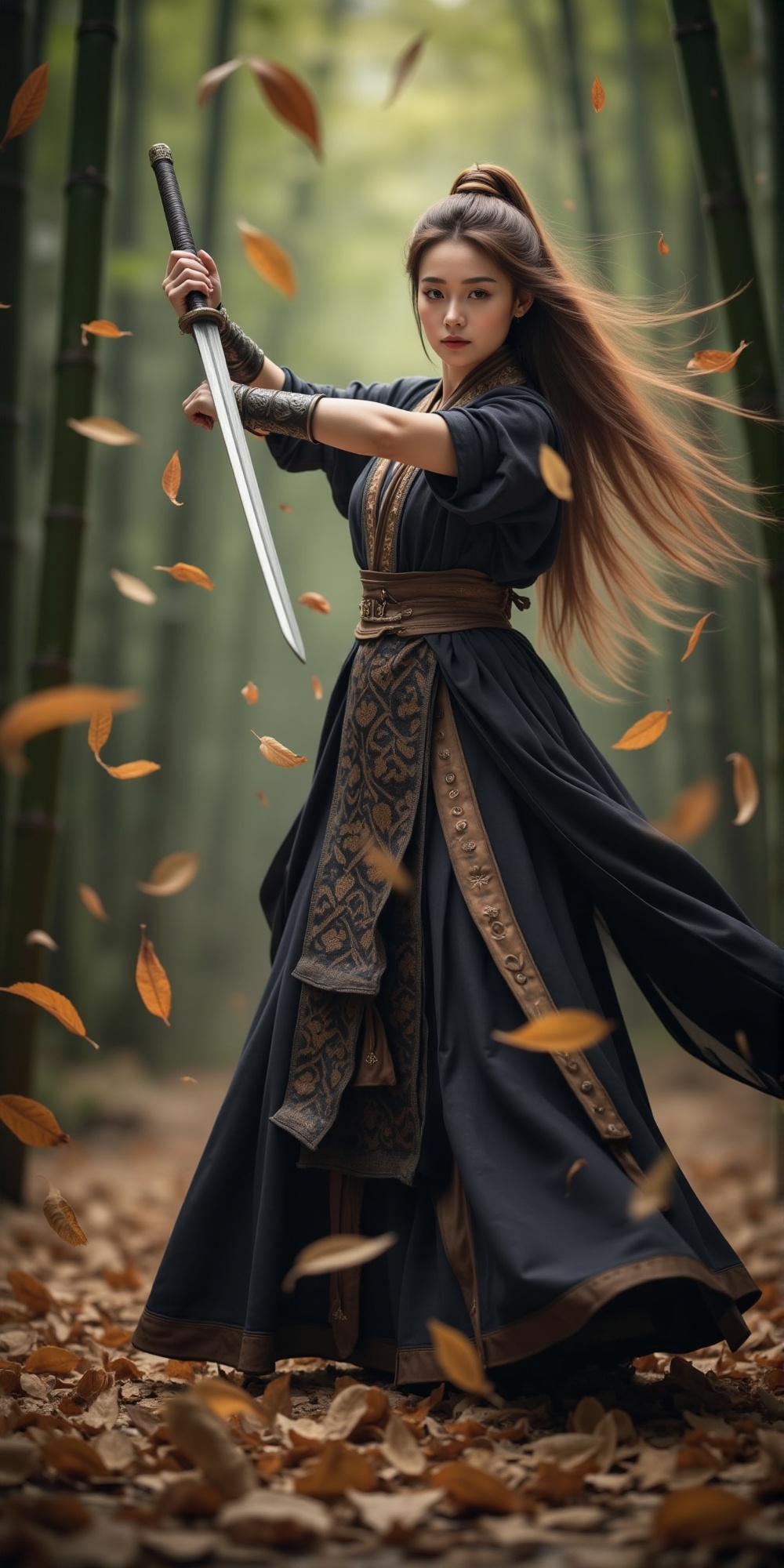 A heroic female warrior stands triumphant amidst a whirlwind of fallen bamboo leaves,  her mighty sword slicing through th...