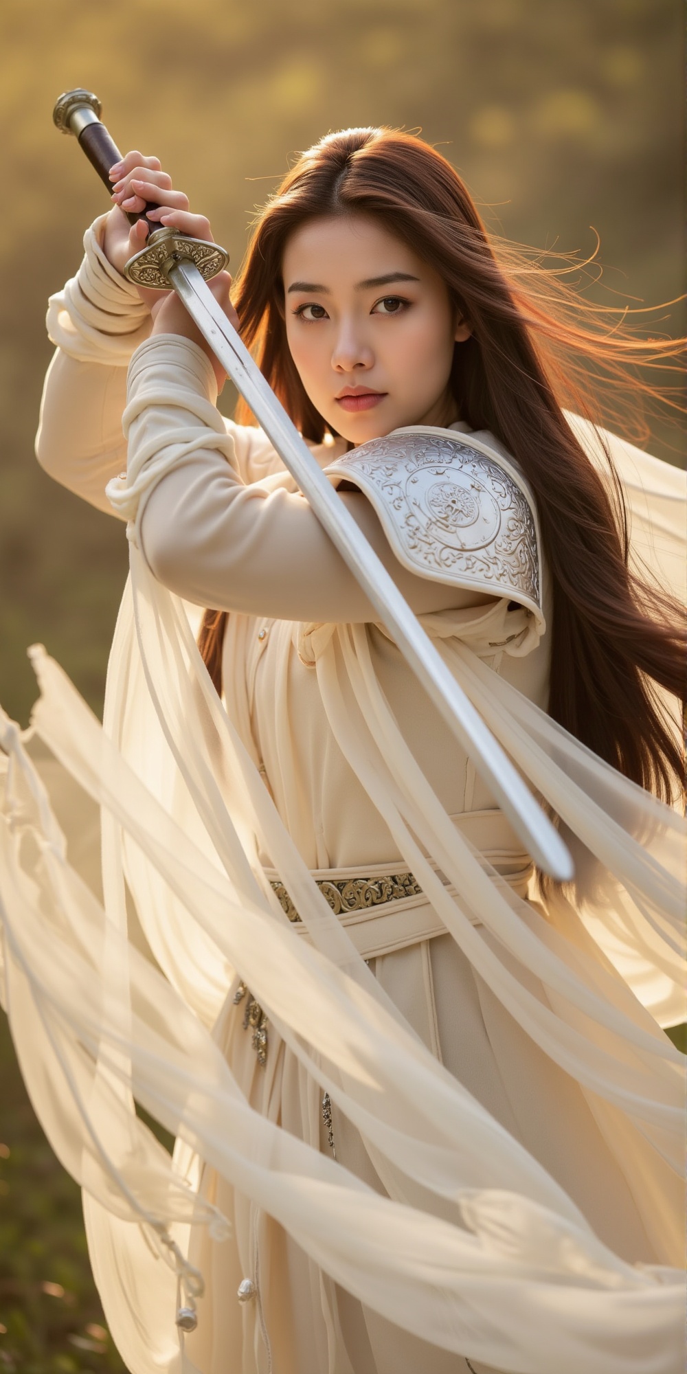 A warrior's fierce stare fills the frame,  her captivating eyes piercing through the soft focus bokeh. As she draws her sw...