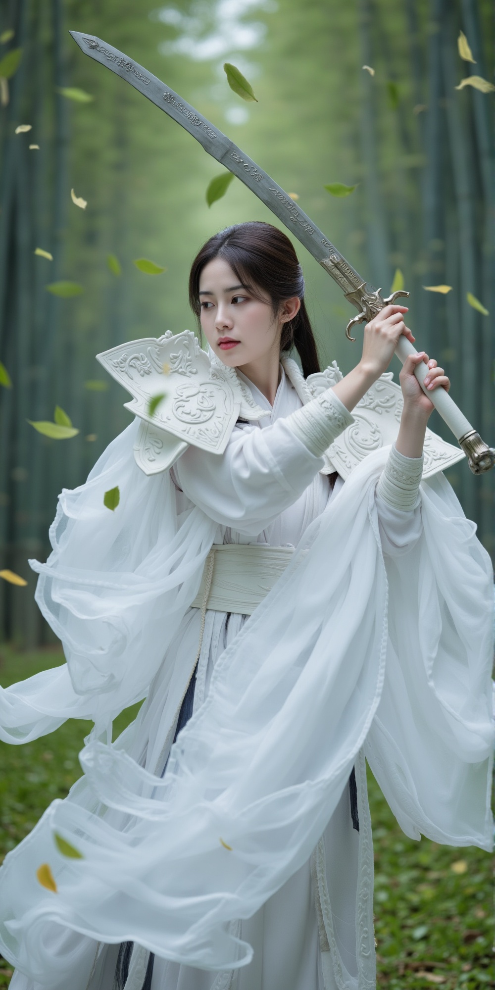 A majestic female warrior assumes a powerful fighting pose,  her massive sword carved with ancient designs swinging majest...