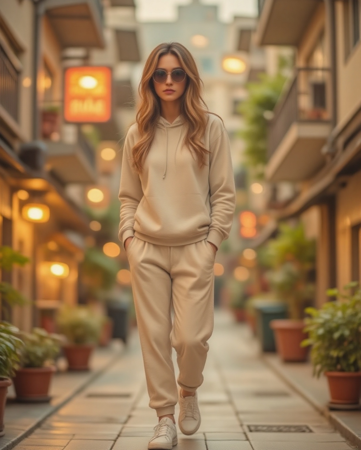 1girl,  A fashionable woman walking confidently in a relaxed lifestyle setting,  wearing a light beige oversized hoodie an...