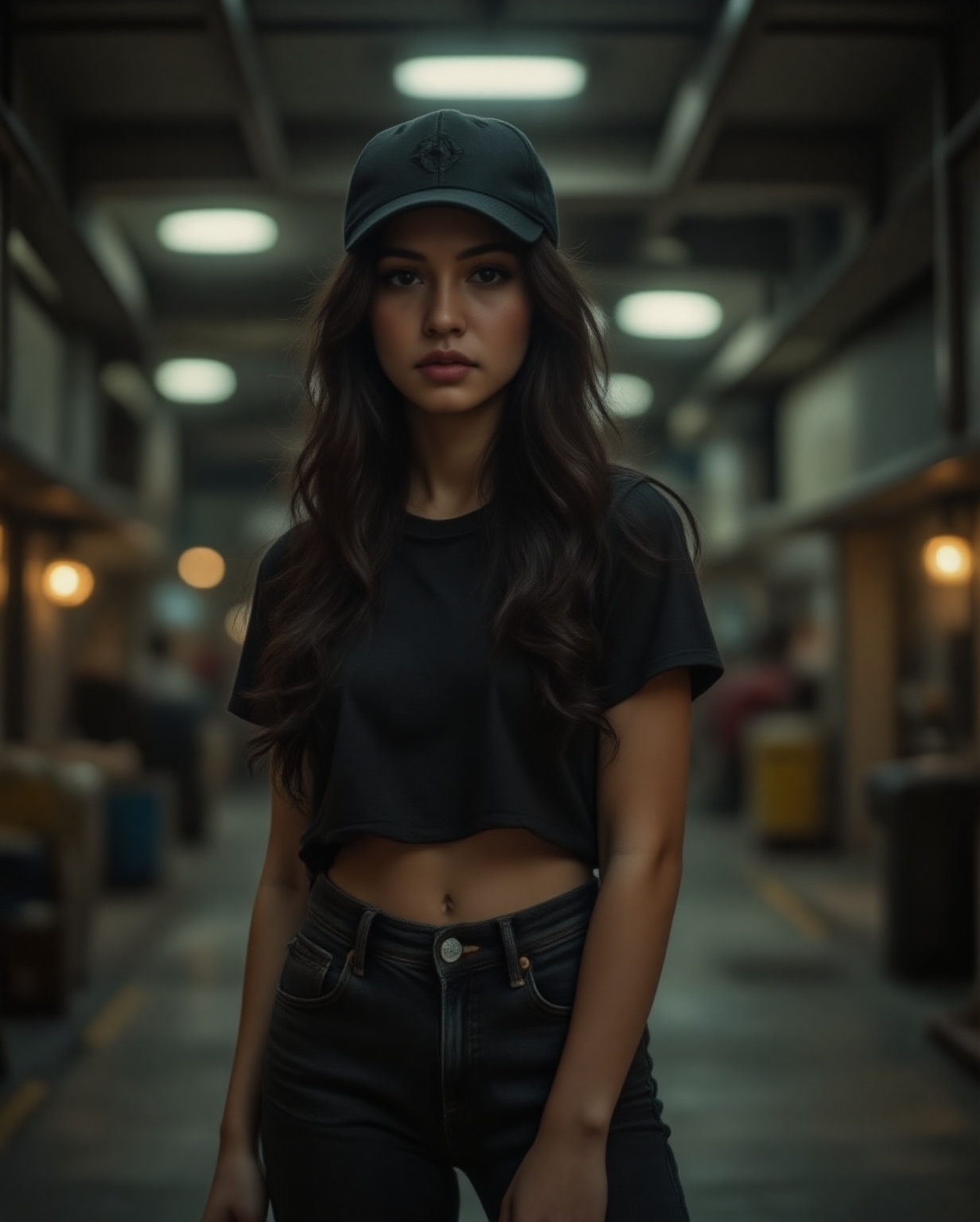 1girl. A young woman,  hyperrealistic in style,  wearing a black baseball cap and a black cropped on Tensor.Art