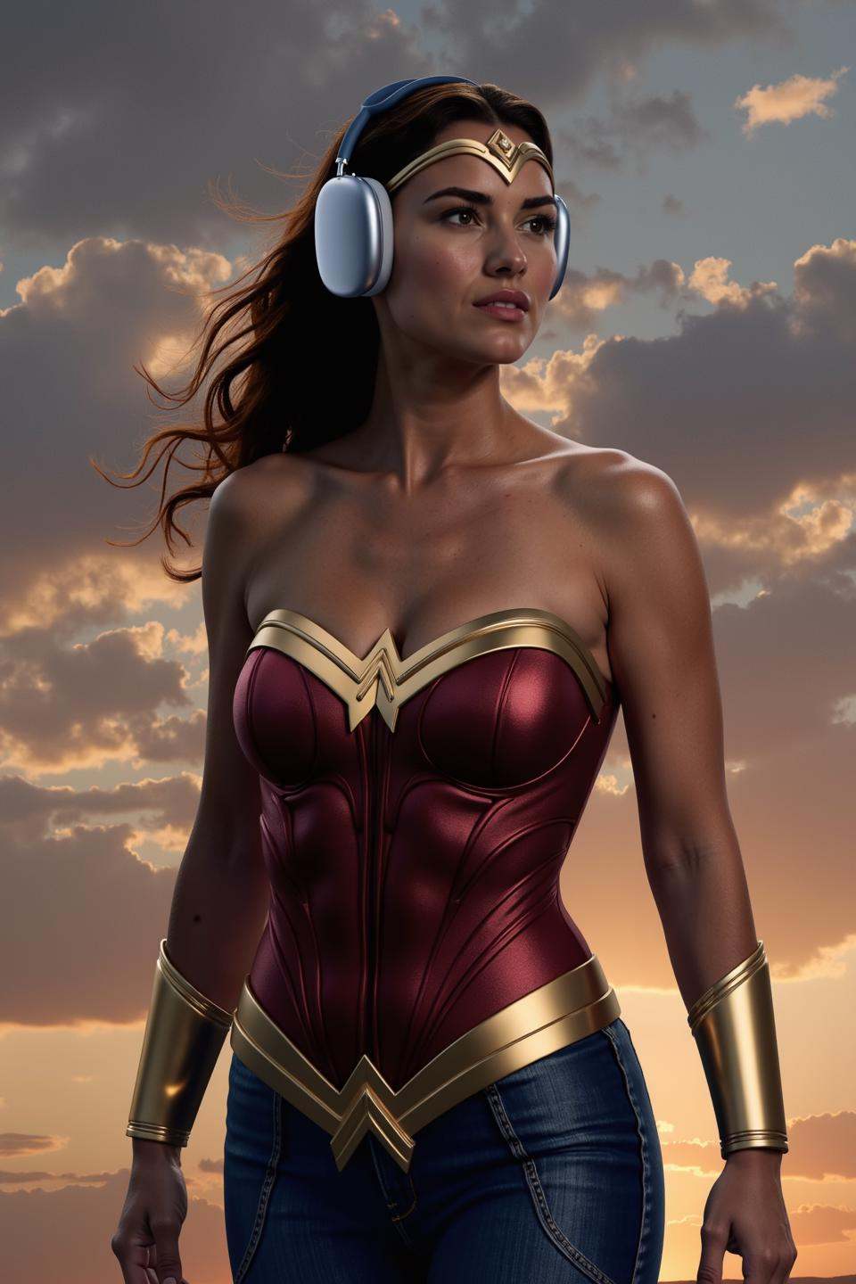 appleapm,  Wonderwoman wearing a pair of wireless sleek,  modern over-ear headphones. on Tensor.Art