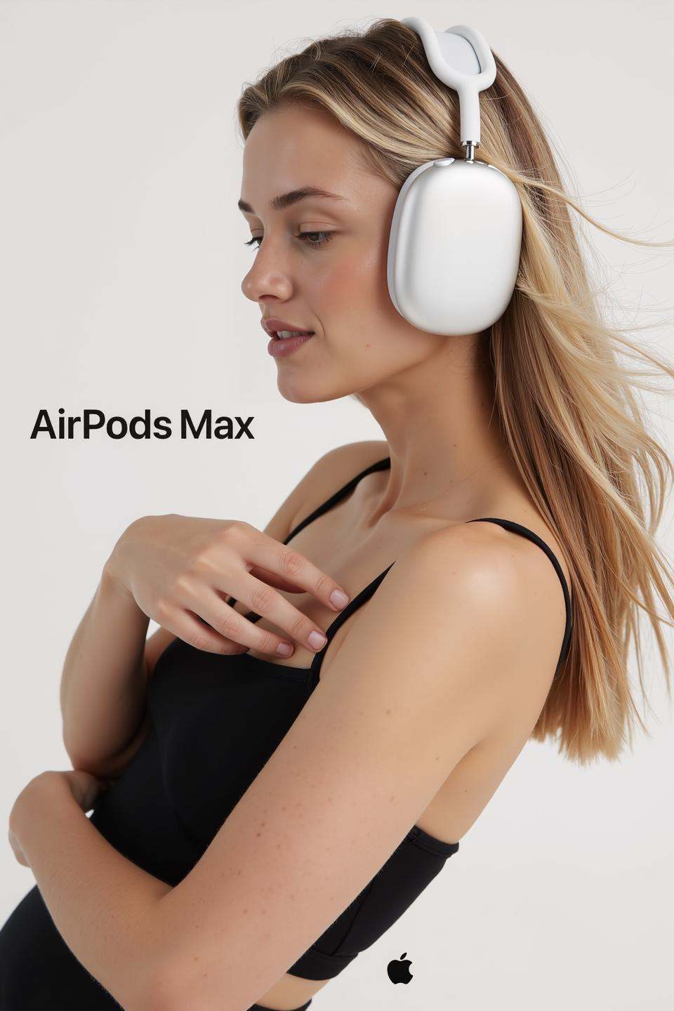 appleapm,  advertisement featuring a busty blonde woman wearing a pair of wireless sleek,  modern over-ear headphones desi...