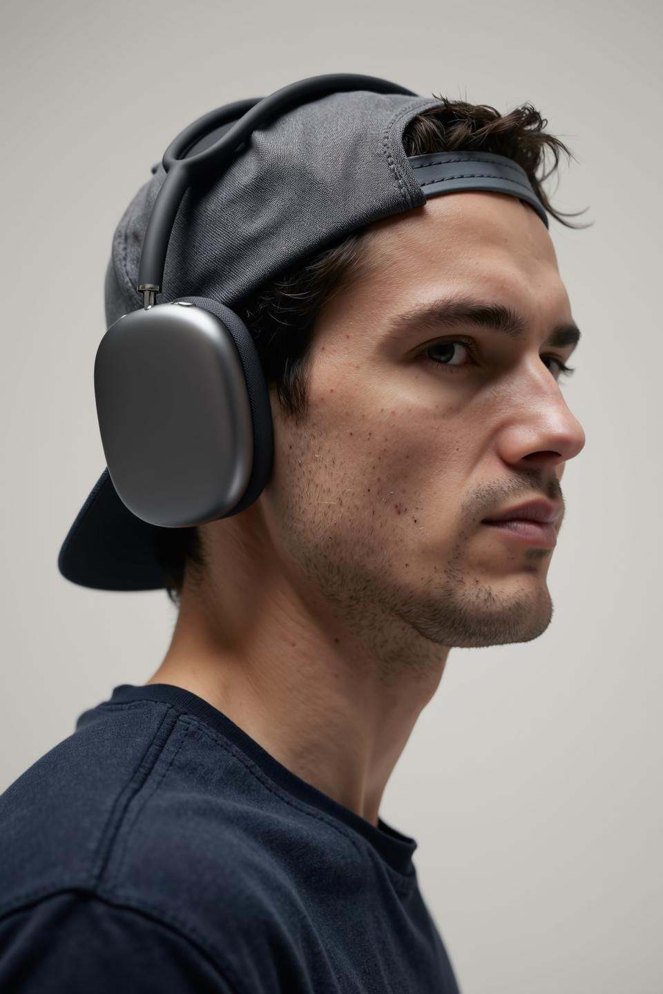 appleapm,  a man wearing a pair of wireless sleek,  modern over-ear headphones and a backwards cap on Tensor.Art