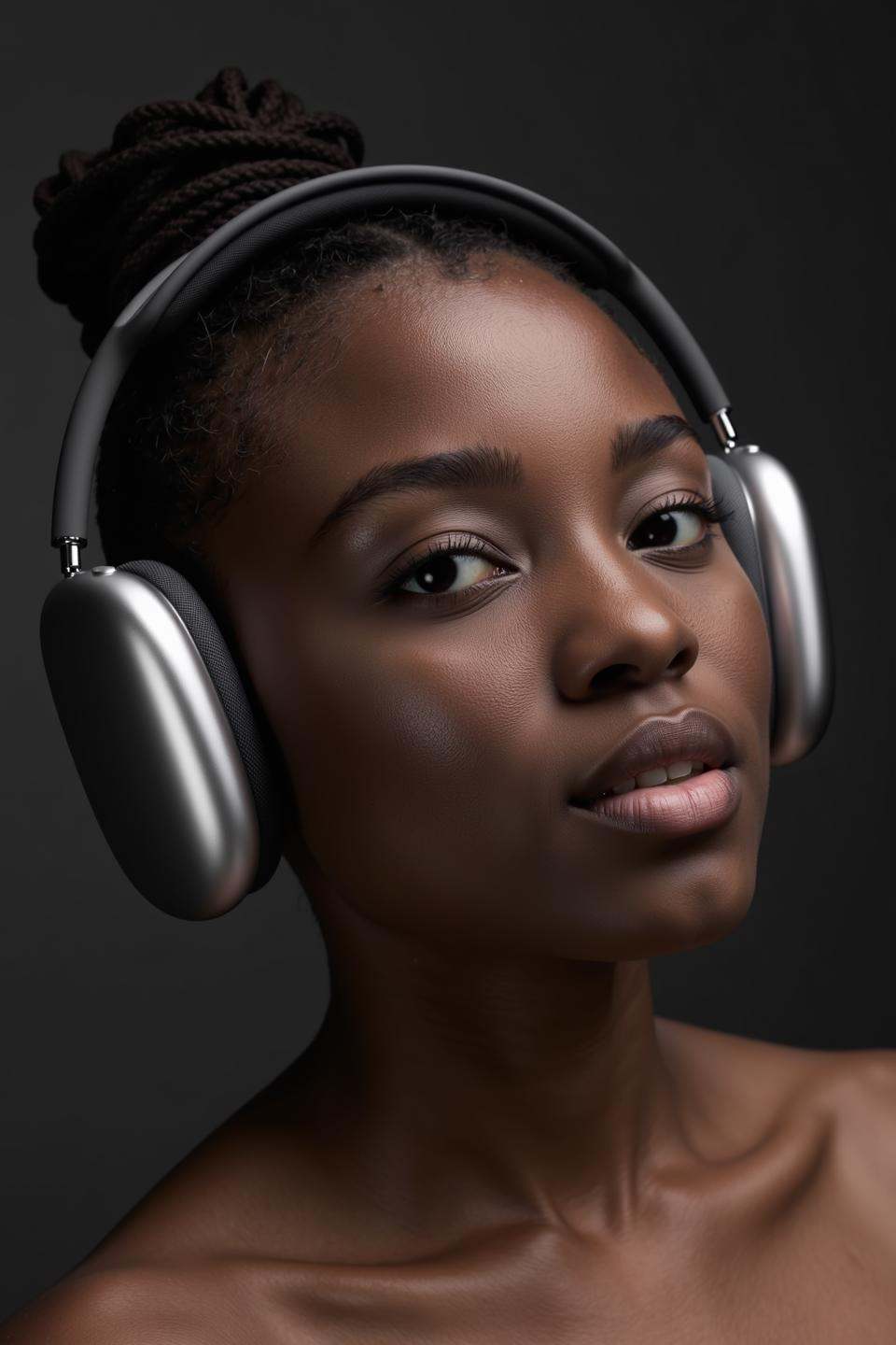appleapm,  a black girl wearing a pair of wireless sleek,  modern over-ear headphones. she has a closed mouth and is looki...