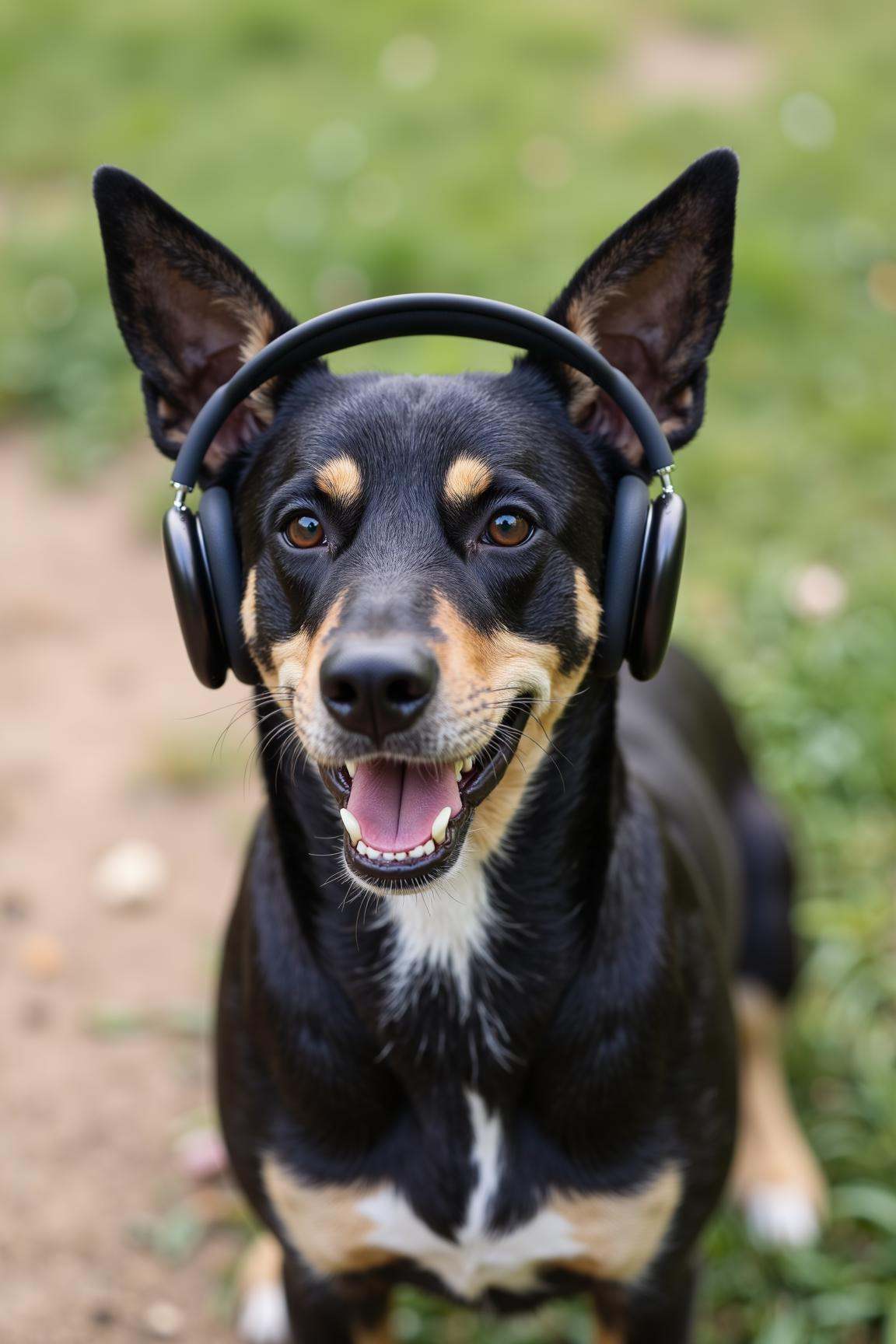 appleapm,  a dog wearing a pair of wireless sleek,  modern over-ear headphones. on Tensor.Art