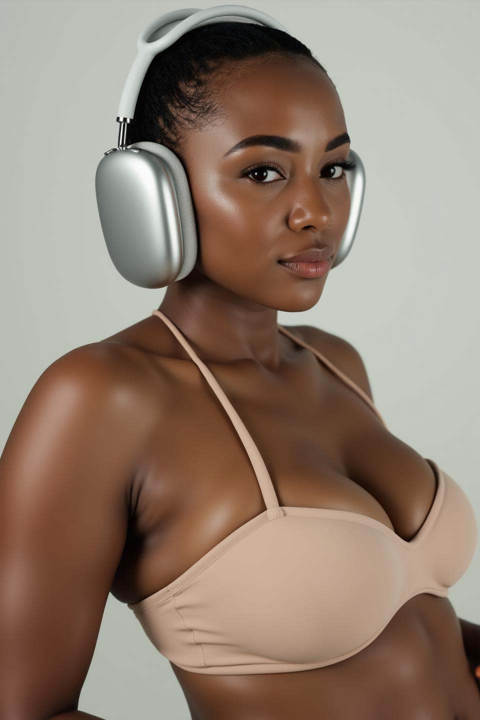 appleapm,  a busty woman wearing a pair of wireless sleek,  modern over-ear headphones. her cleavage displays her enormous...
