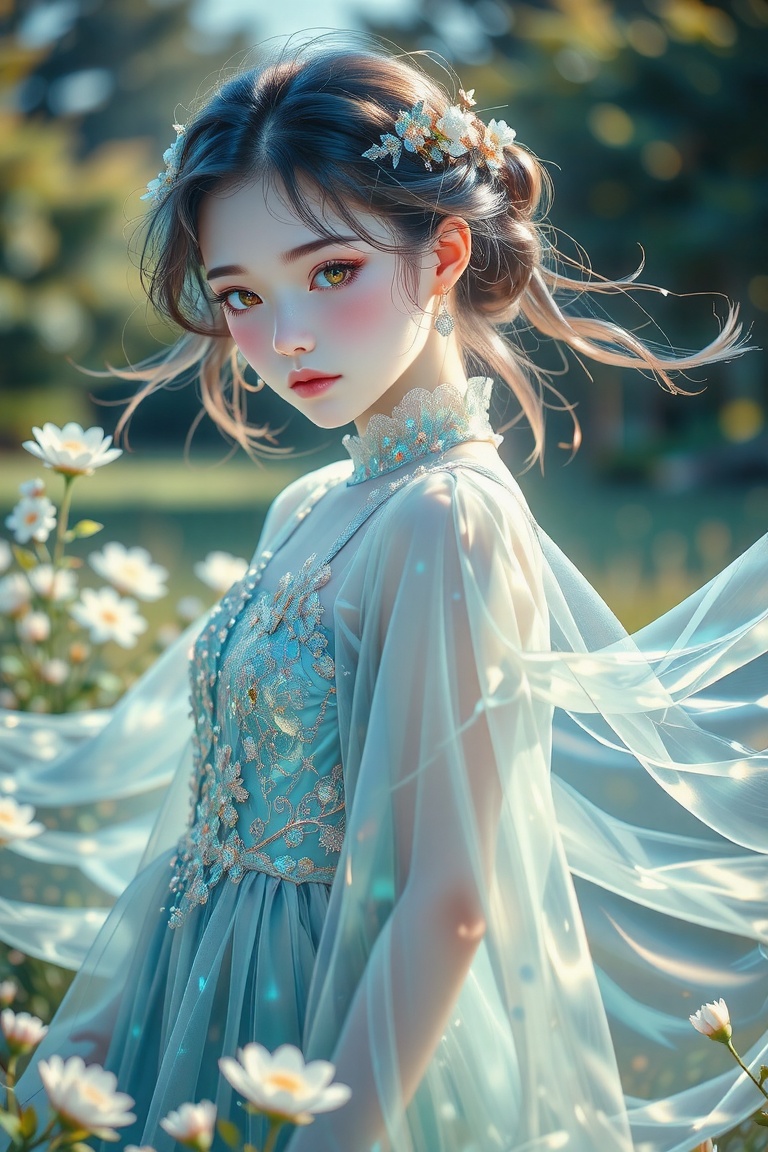 A meticulous,  detailed scene featuring a girl in a flowing blue dress,  her attire shimmering with pearlescent accents. T...