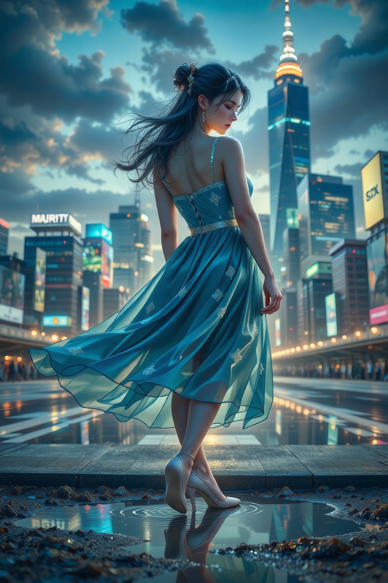 Meticulous,  detailed scene of a girl in a flowing blue dress with pearlescent accents,  standing at the edge of a bustlin...