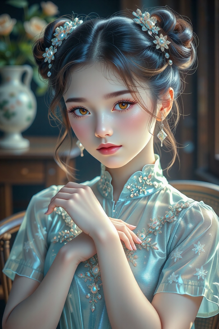 Meticulous,  detailed close-up of a girl with double hair buns,  wearing a shimmering blue dress adorned with pearlescent...