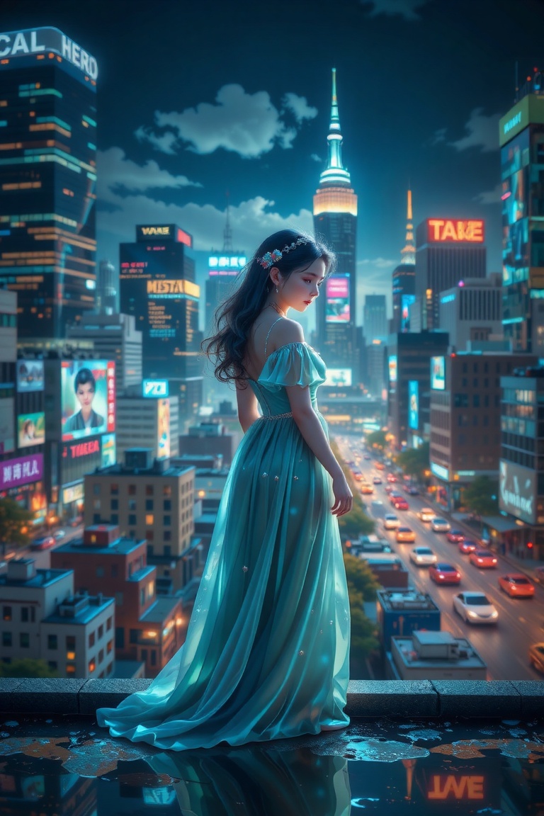 Meticulous,  detailed scene of a girl in a flowing blue dress with pearlescent accents,  standing at the edge of a bustlin...