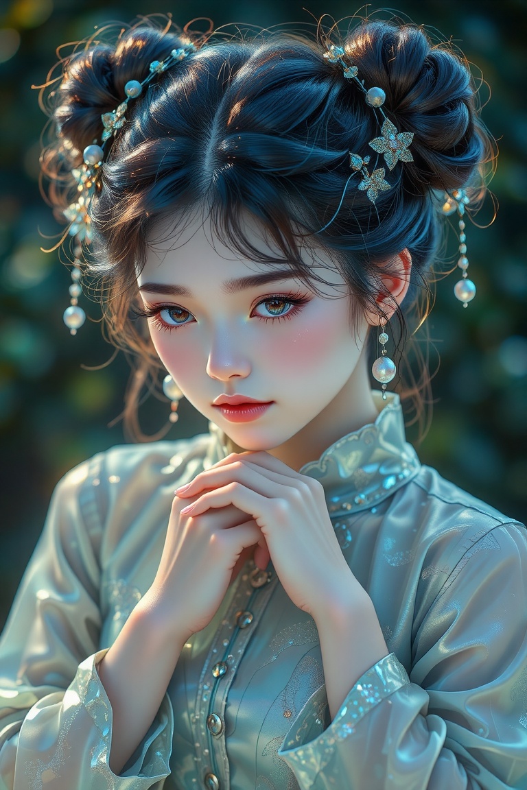 Meticulous,  detailed close-up of a girl with double hair buns,  wearing a shimmering blue dress adorned with pearlescent...