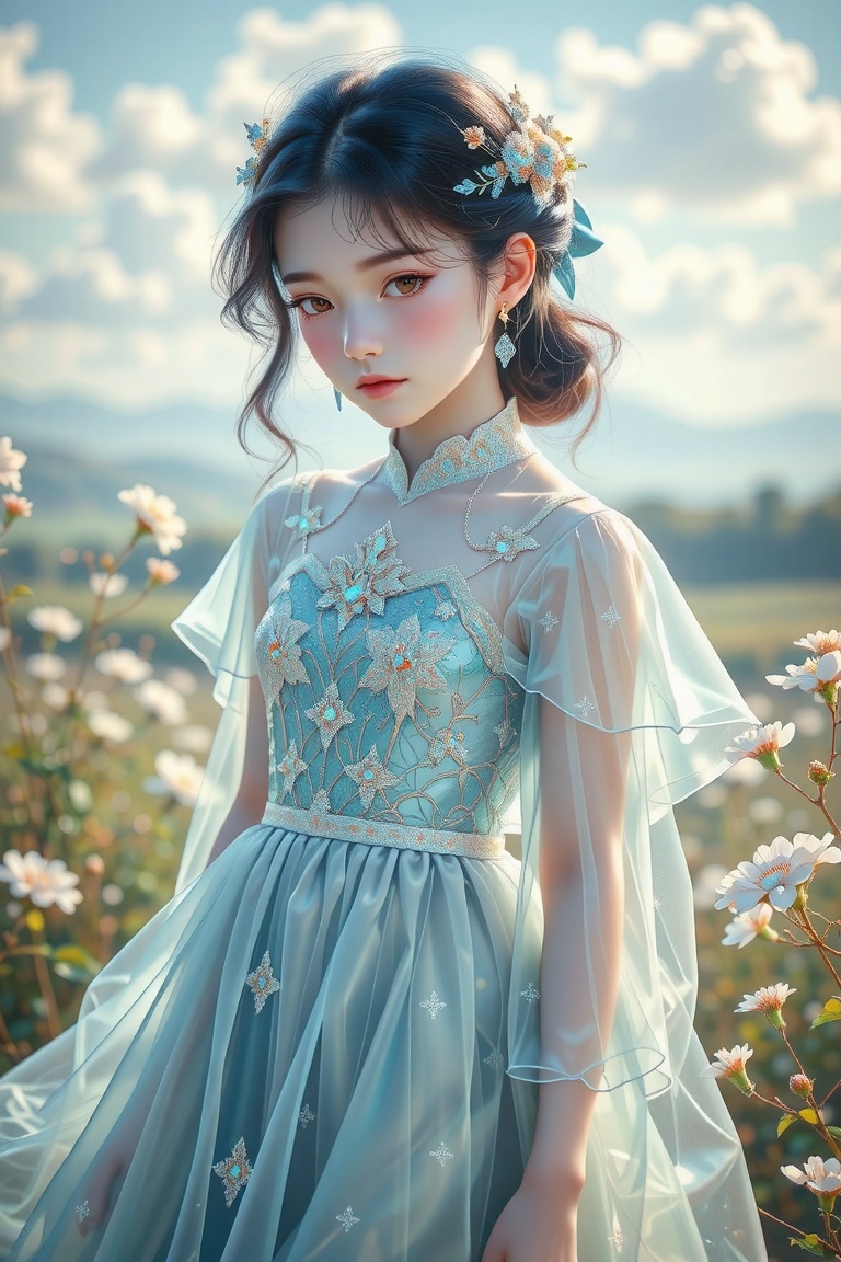 A meticulous,  detailed scene featuring a girl in a flowing blue dress,  her attire shimmering with pearlescent accents. T...
