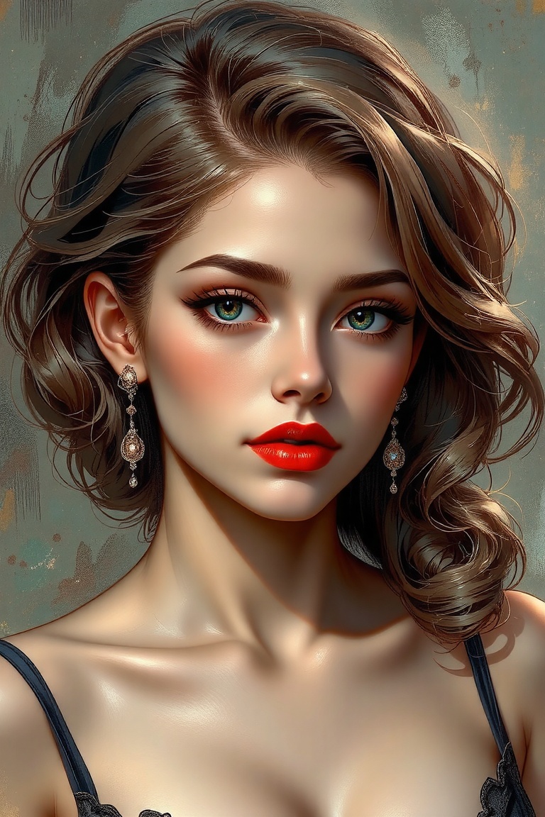 A meticulously detailed painting in a retro style with bold,  expressive brush strokes. The subject is a beautiful woman w...