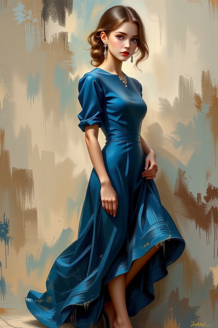 A meticulously detailed painting in a retro style with bold,  expressive brush strokes. The subject is a woman wearing a f...